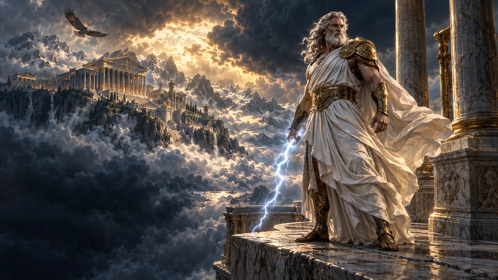 Zeus, known to the Romans as Jupiter, above the storm clouds of Olympus.