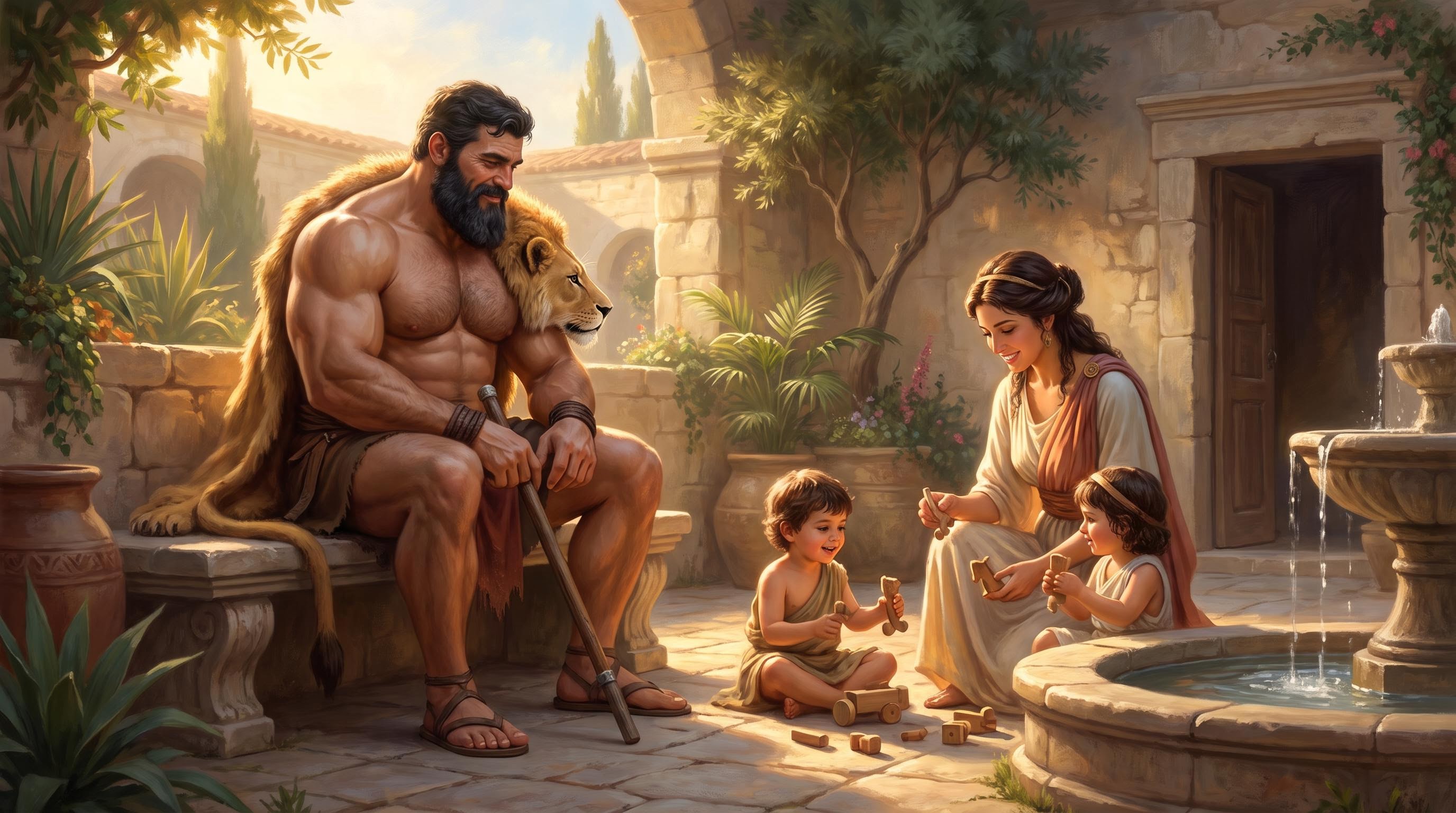 Hercules with his wife and children in a sunlit courtyard