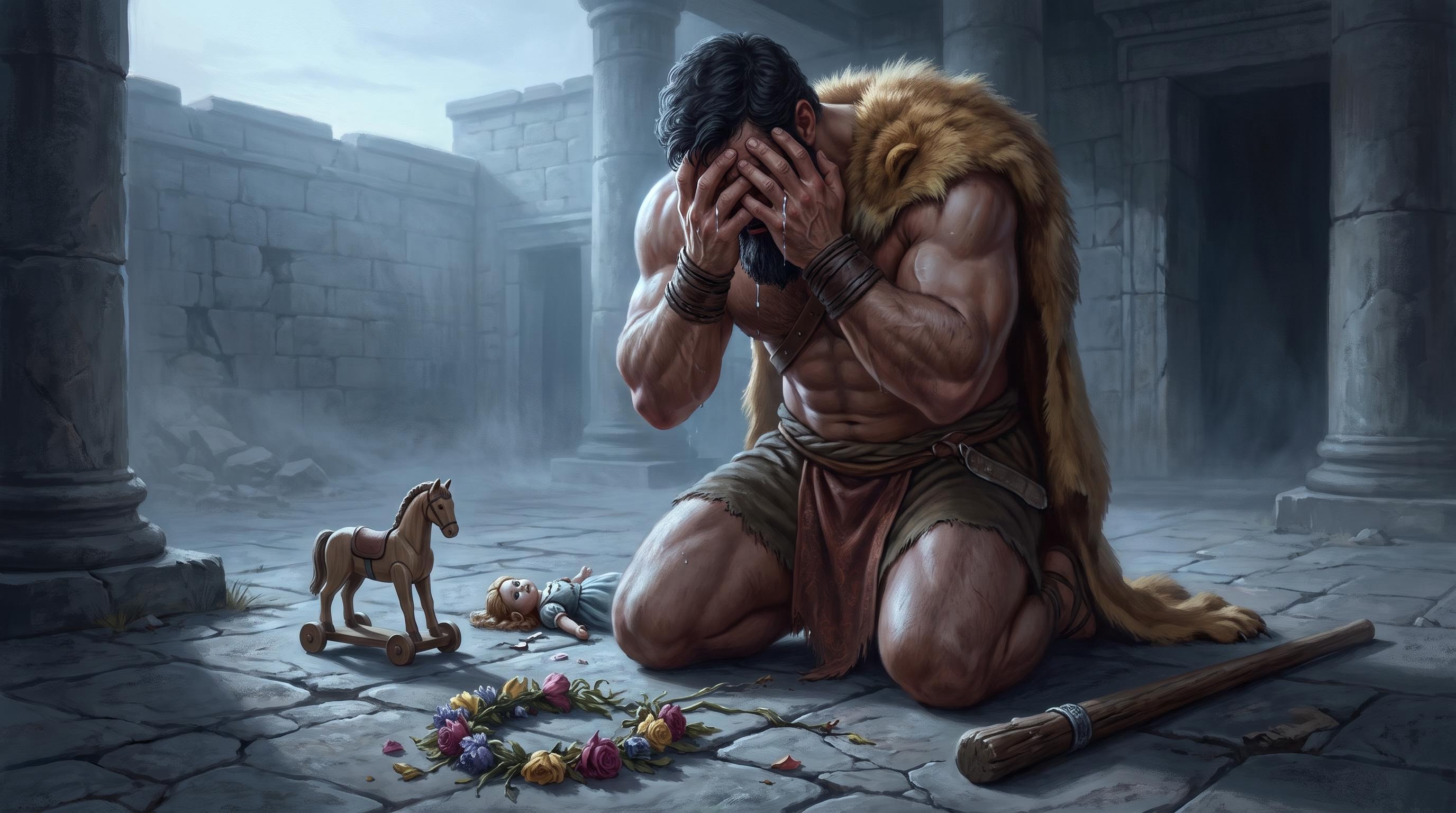 Hercules kneeling in devastated grief in an empty courtyard