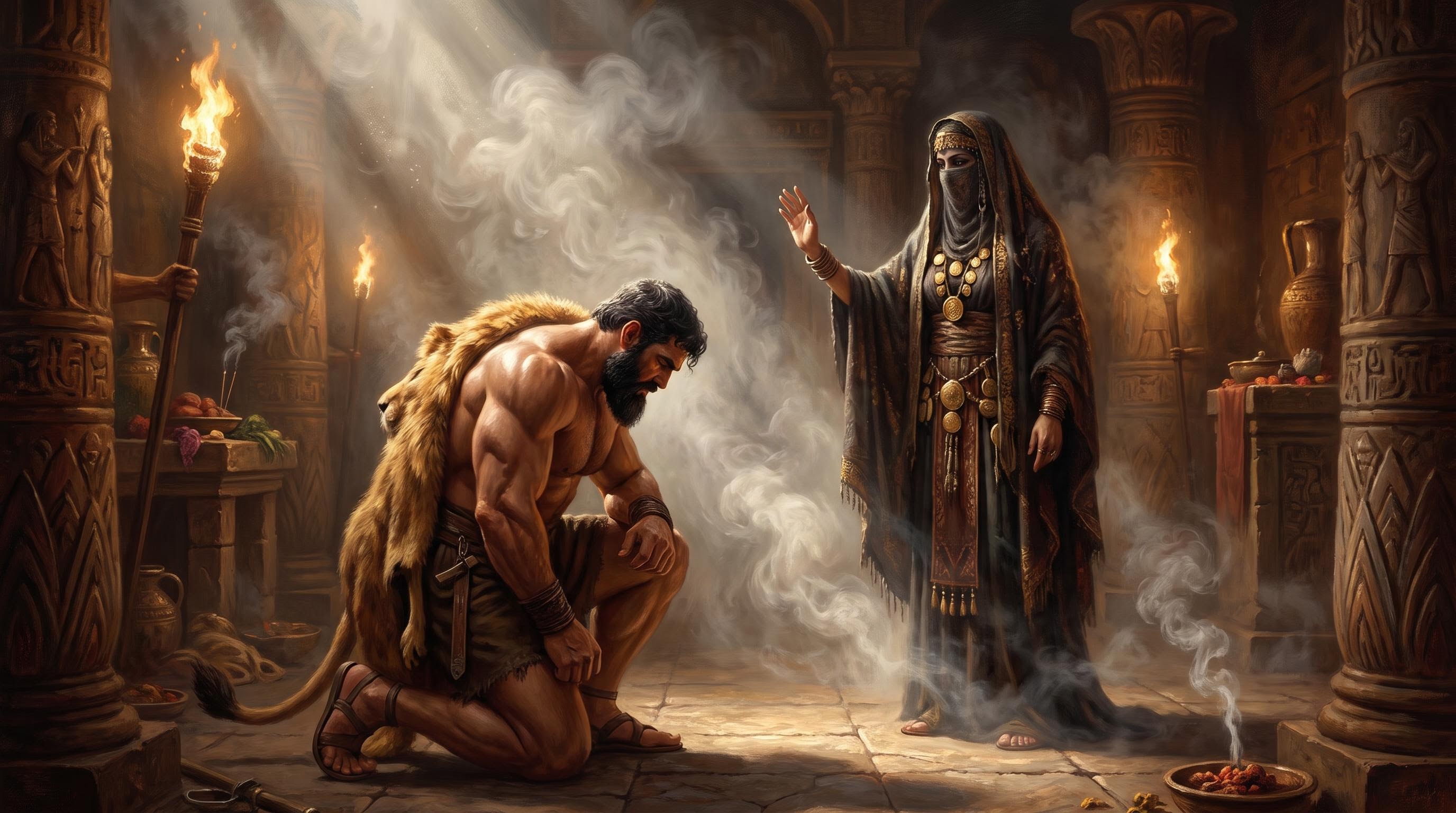 Hercules kneeling before an oracle receiving his sentence