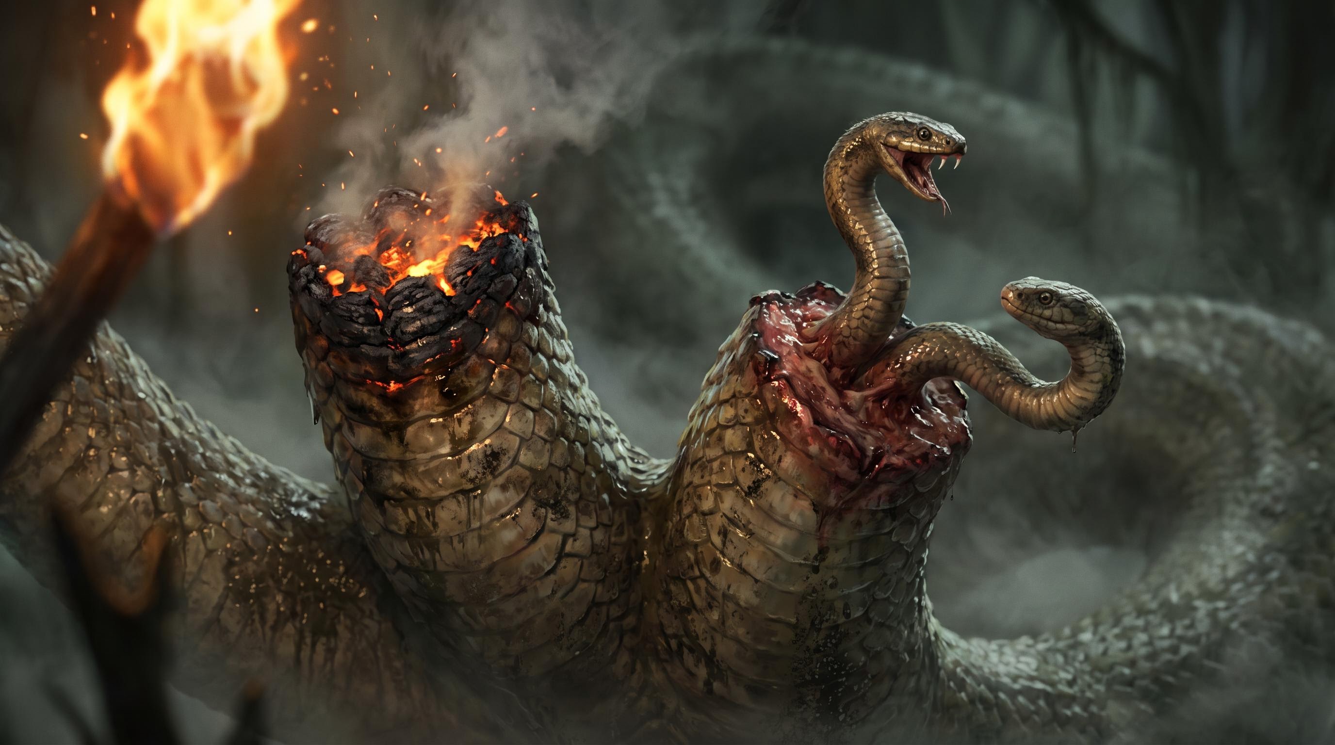 Macro close-up of the Hydra's regenerating heads and a cauterized stump