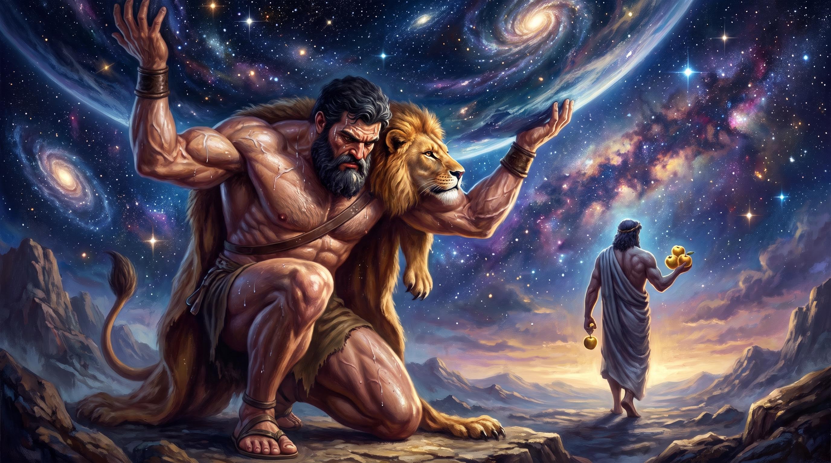 Hercules holding up the entire sky while Atlas fetches golden apples
