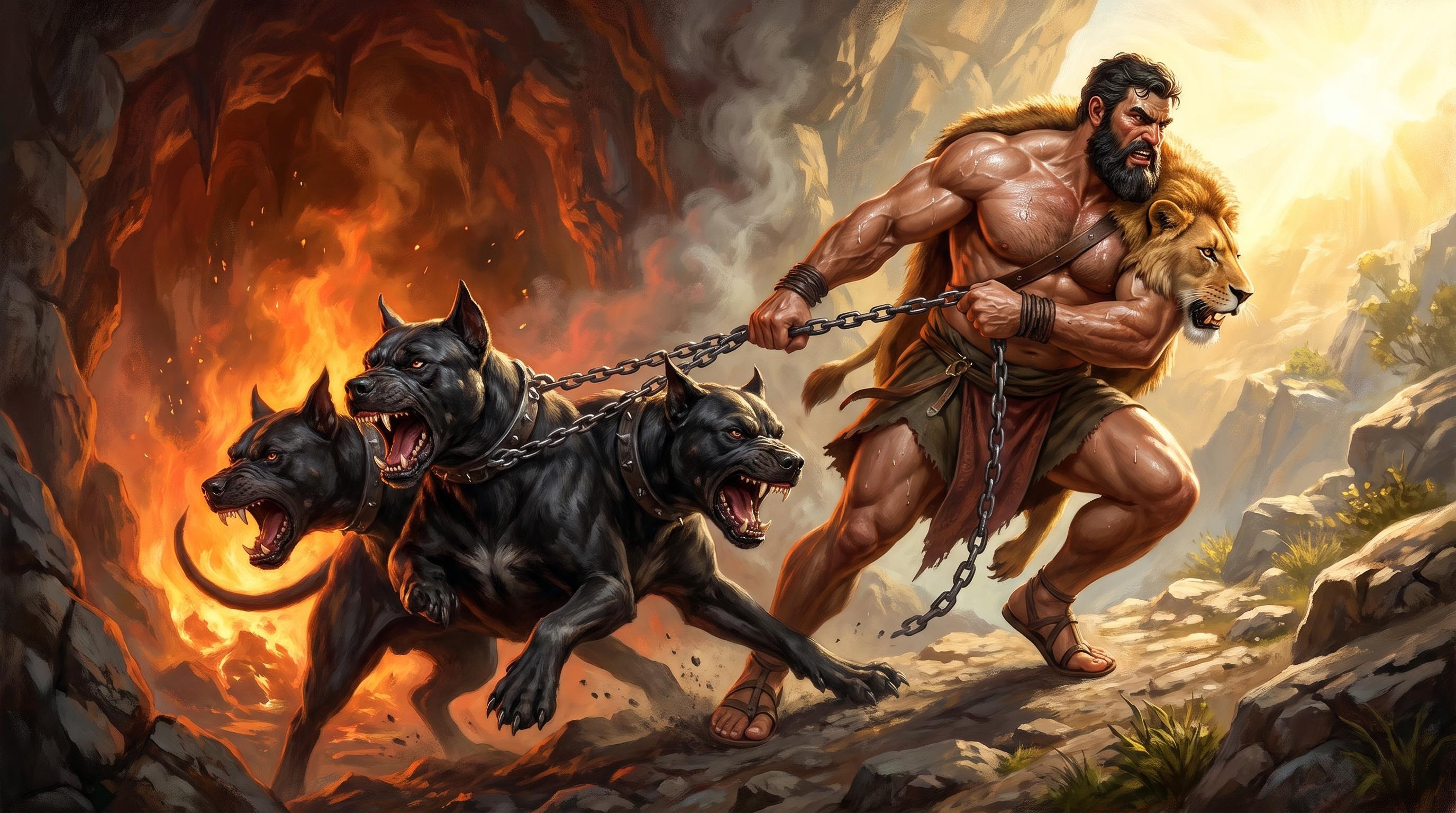 Hercules dragging Cerberus out of the underworld on chains