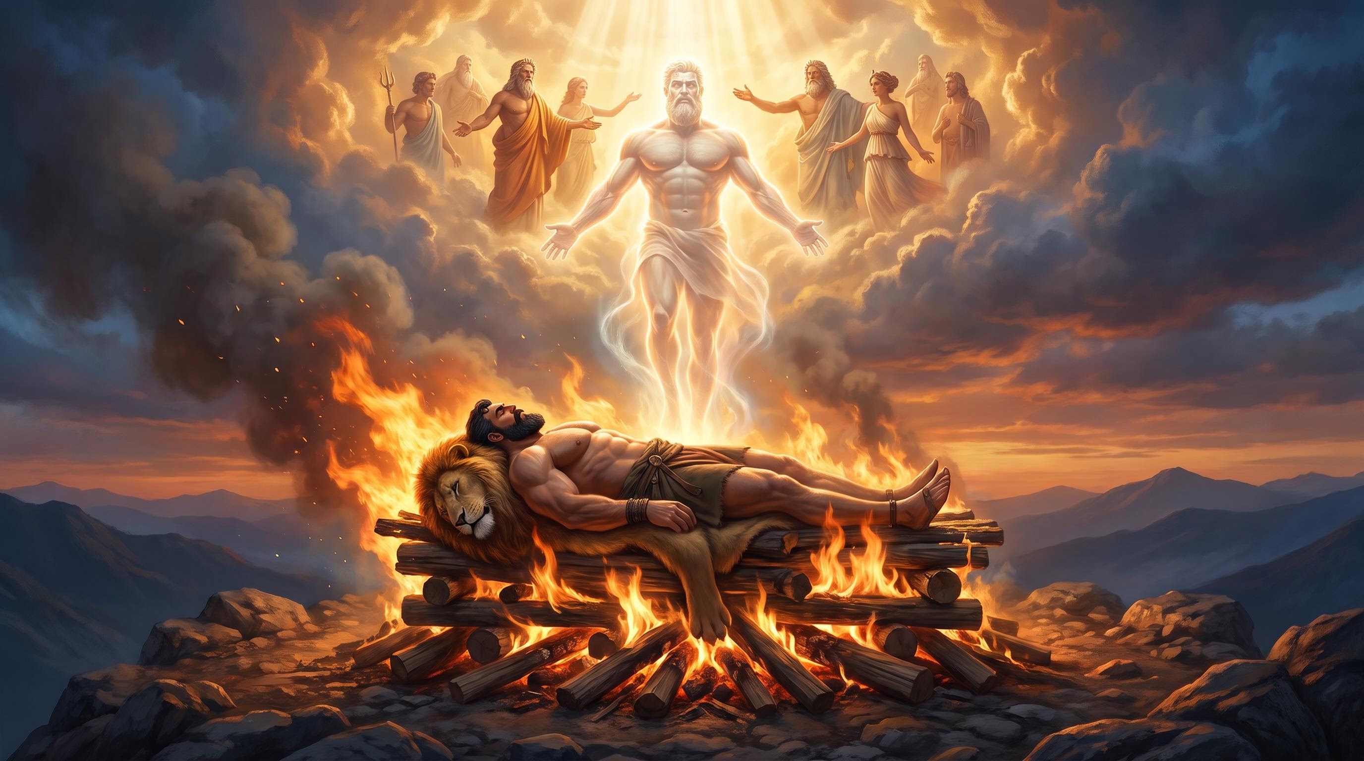 Hercules's spirit rising from his funeral pyre to be welcomed by the gods