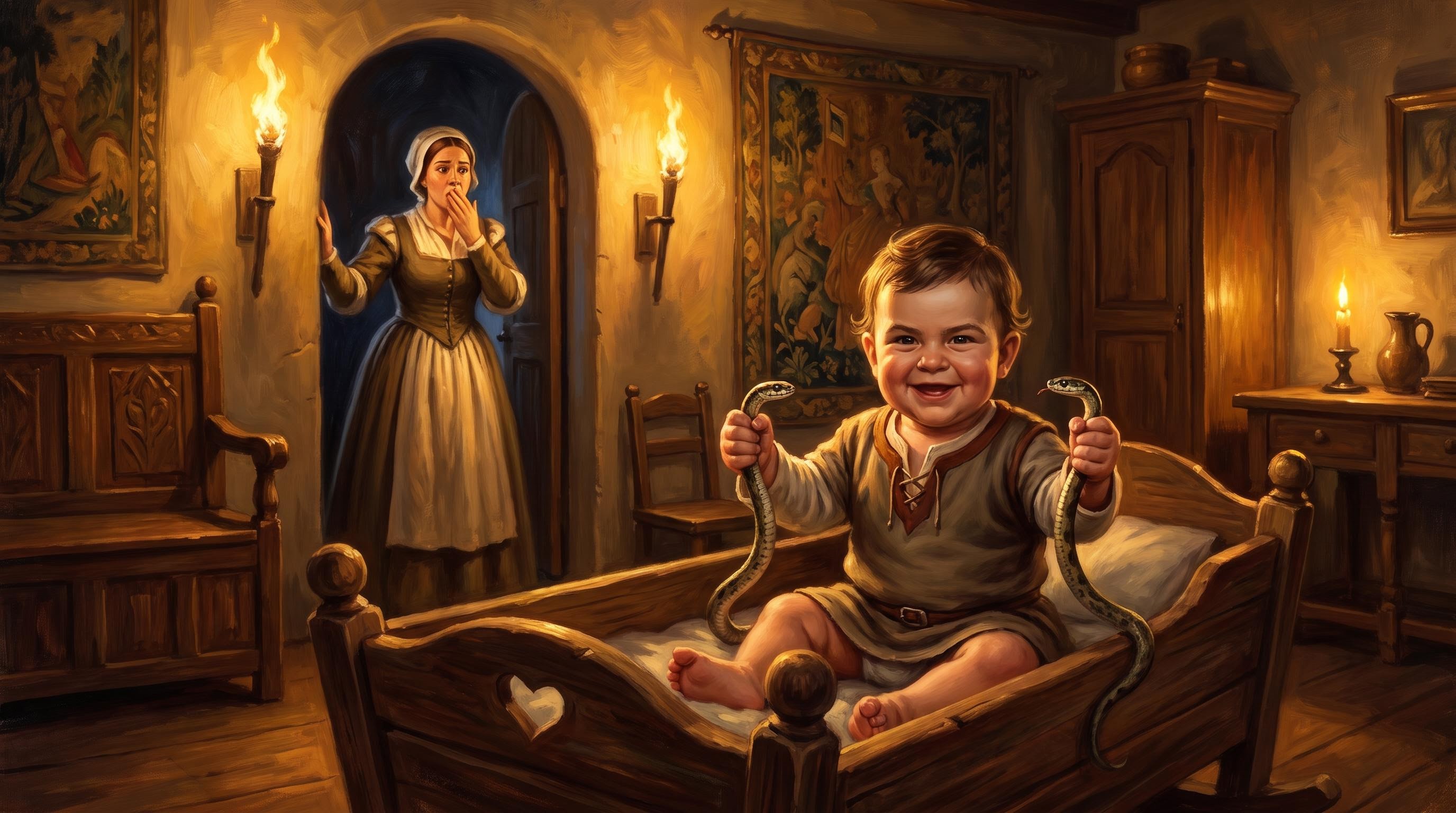 A remarkably strong young boy holding two snakes in his cradle