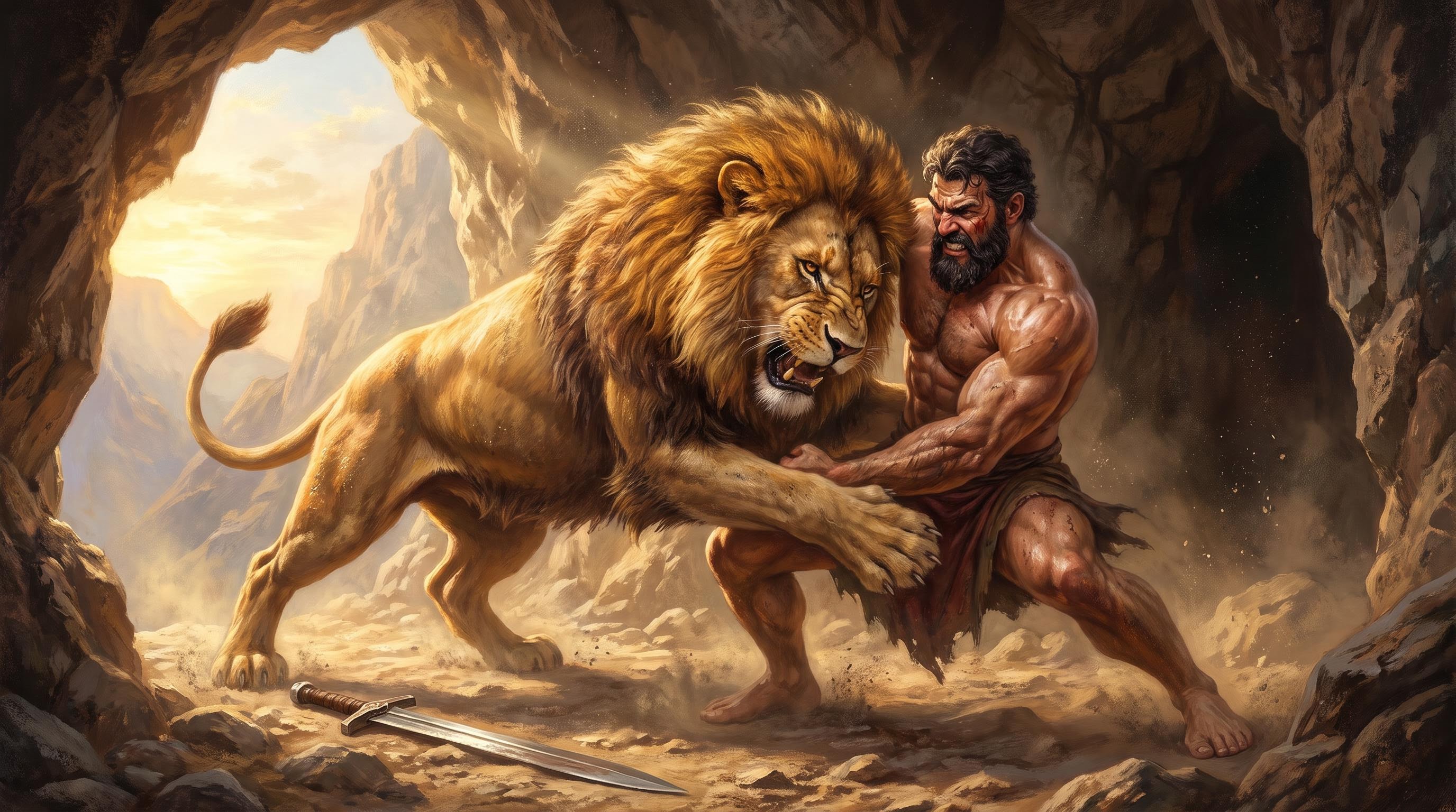 Hercules wrestling the Nemean Lion bare-handed
