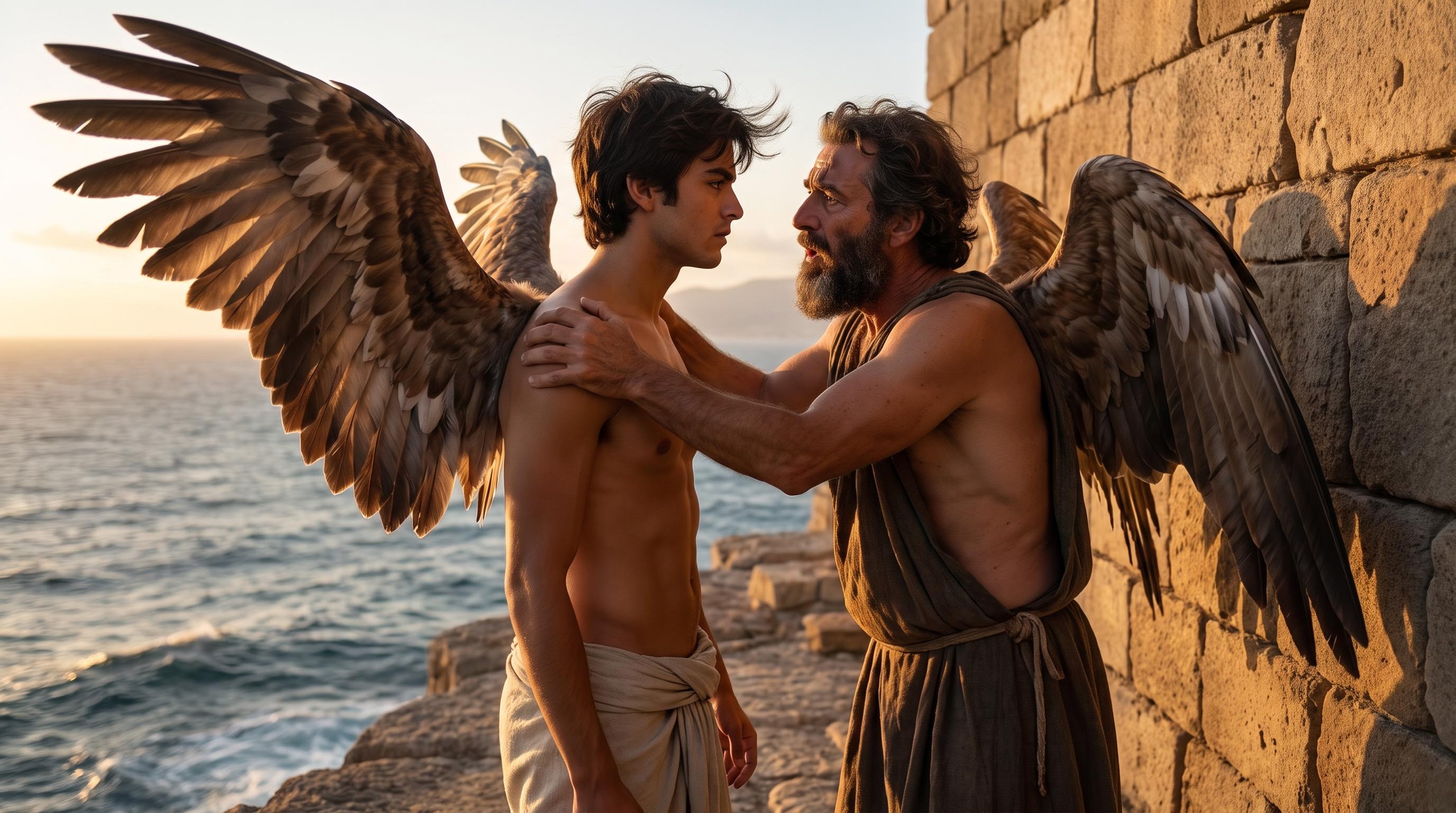 Daedalus grips Icarus's shoulder, warning him before the flight