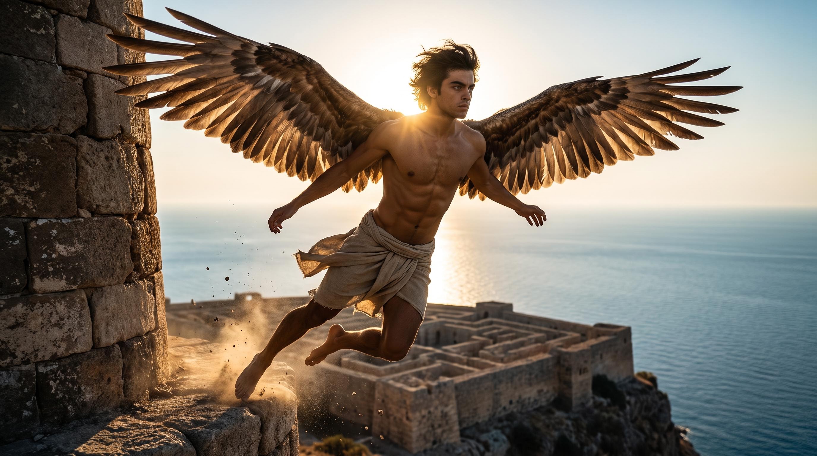Icarus leaping from a tower on Crete, wings spread against the sea
