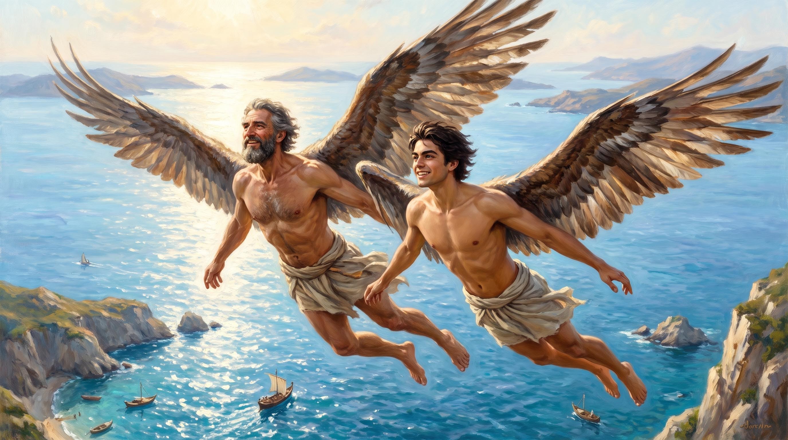 Icarus and Daedalus flying together over the sea