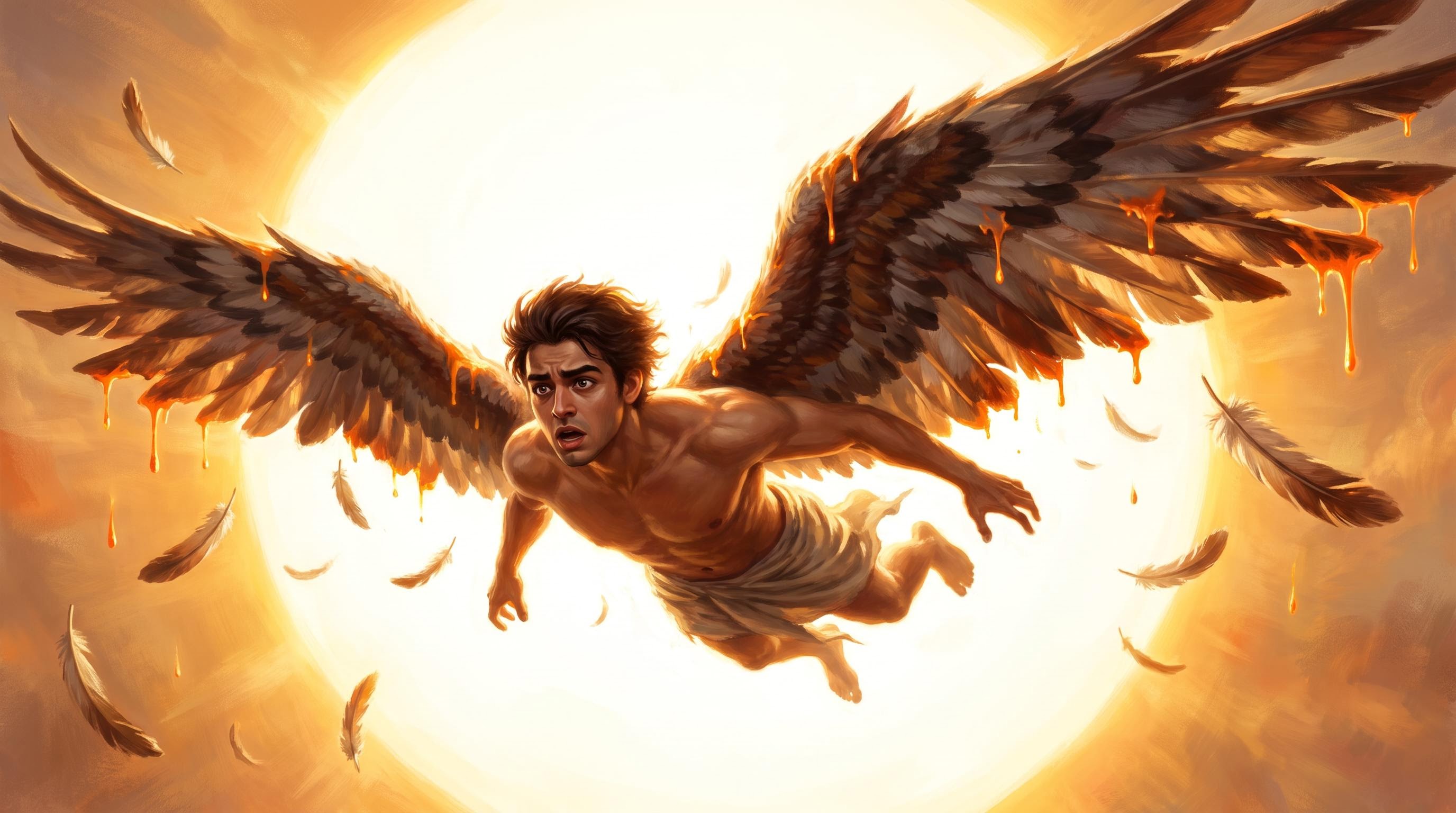 Icarus flying too close to the sun as his wax wings begin to melt