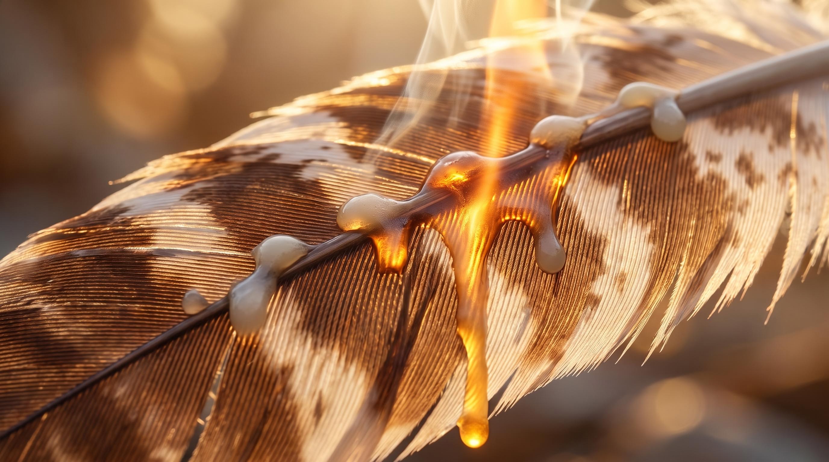 Macro close-up of wax melting on a single wing feather