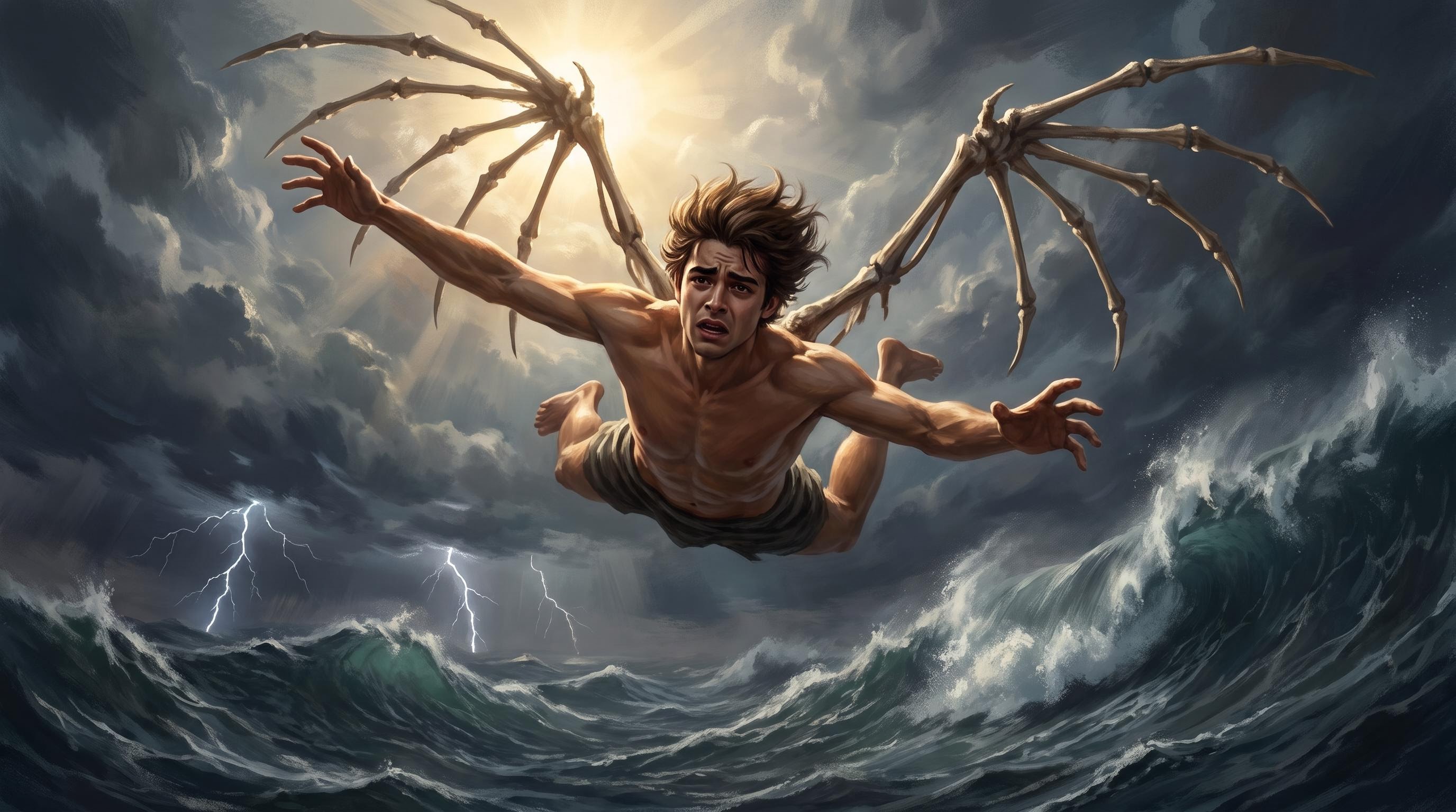 Icarus falling toward a dark stormy sea, wings stripped of feathers