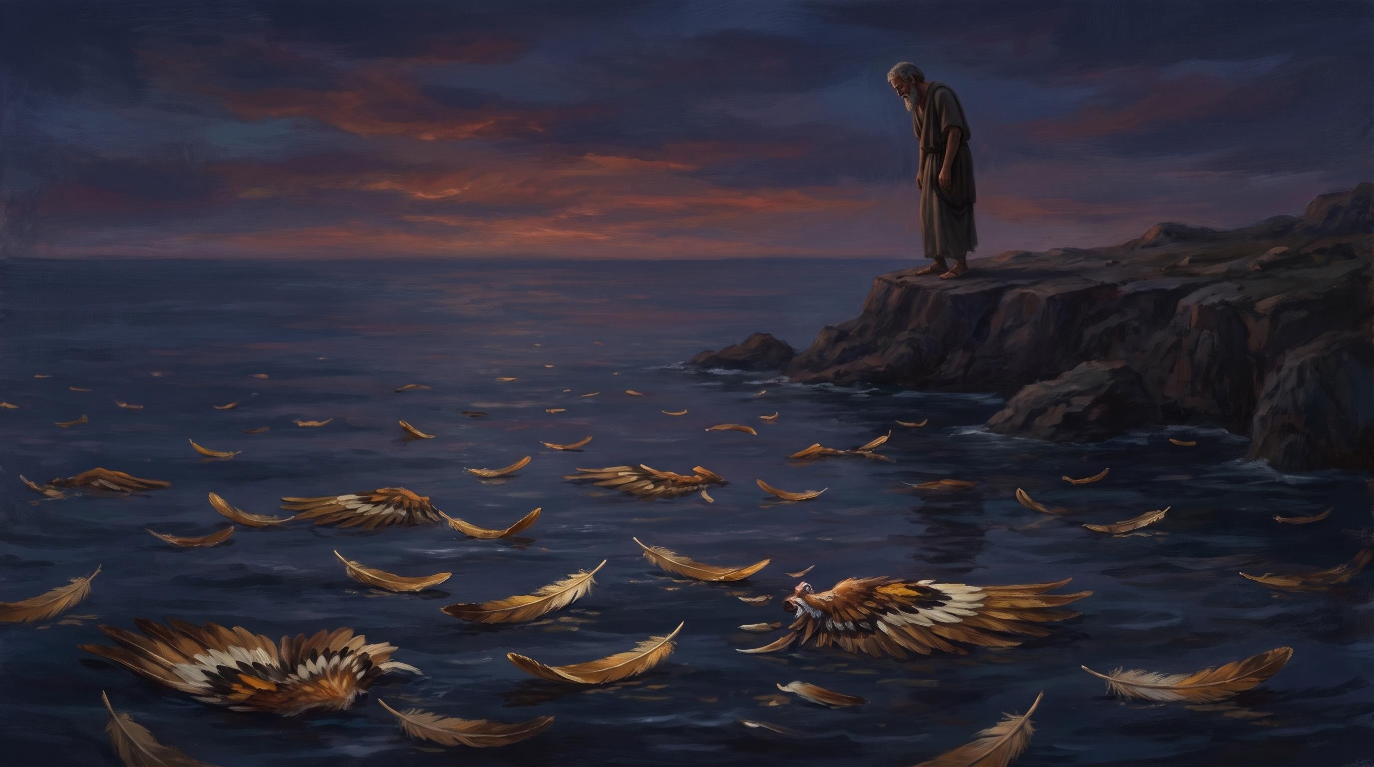 Feathers floating on a dark sea at dusk, a lone figure watching from a cliff