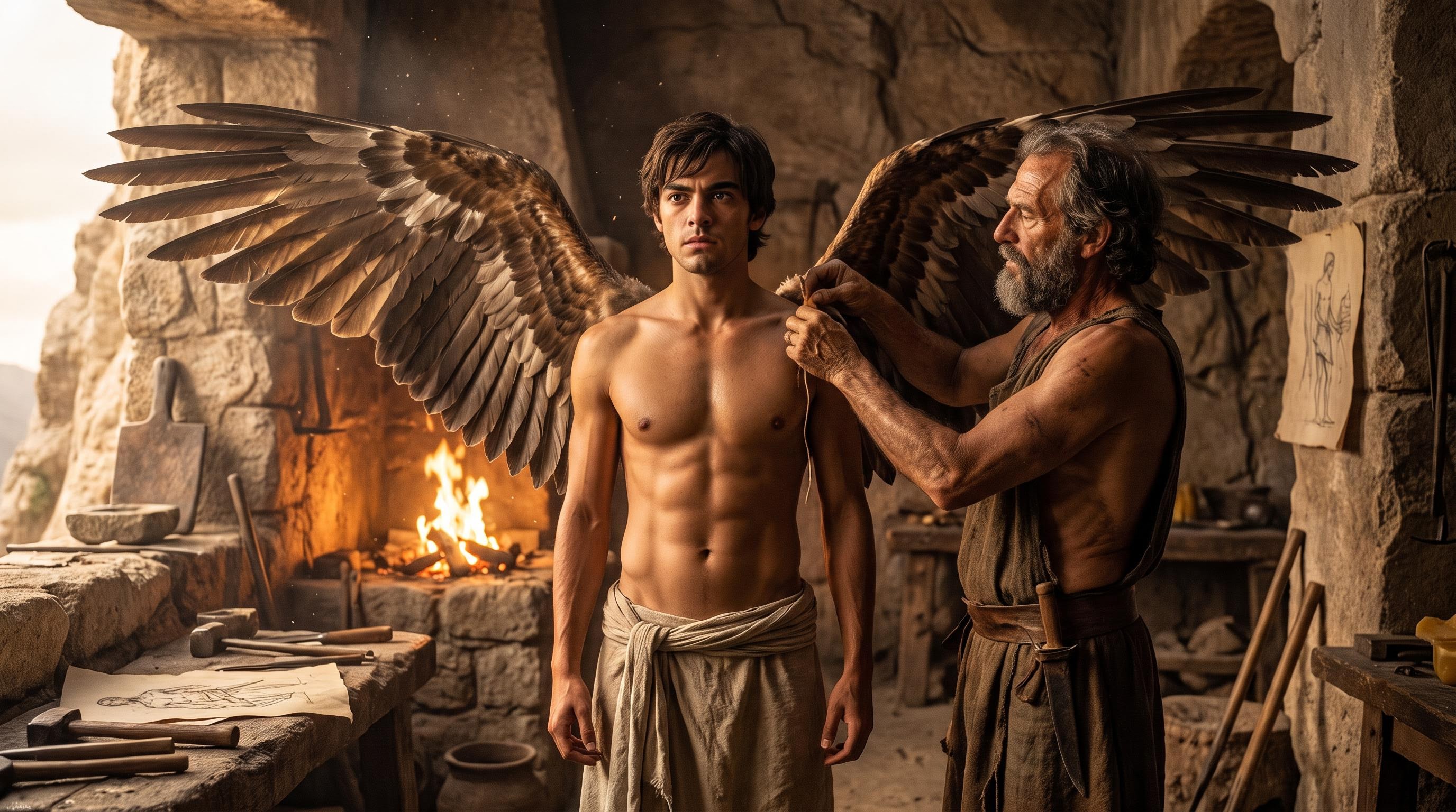 Daedalus fastens feather-and-wax wings onto Icarus in a stone workshop