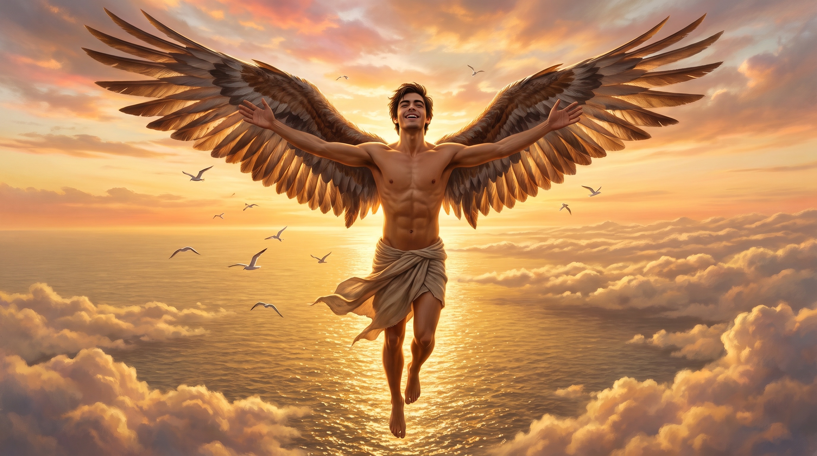 Icarus soaring above a golden ocean at sunrise, arms outstretched