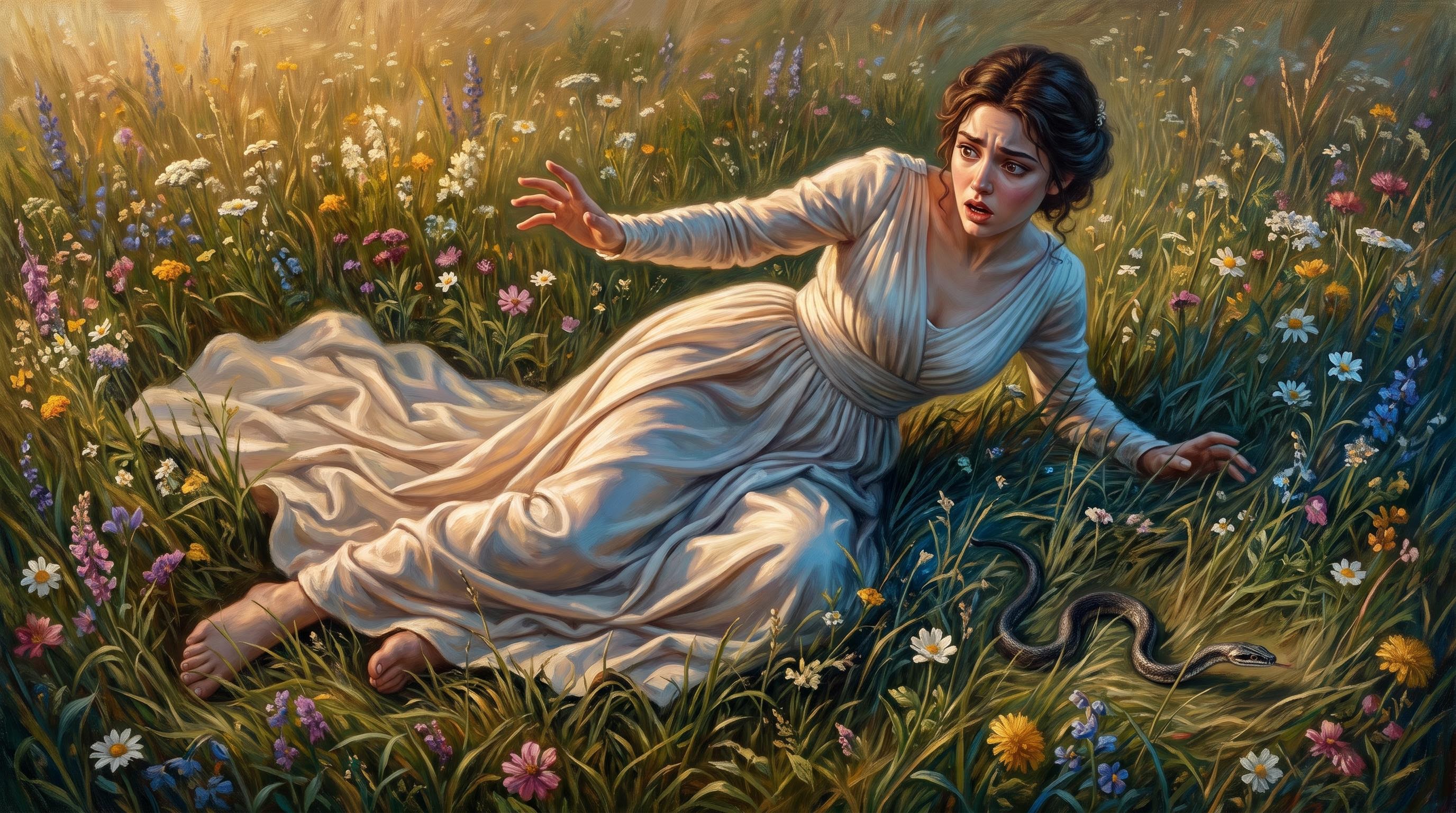 Eurydice collapsing after a snakebite in the wildflower field