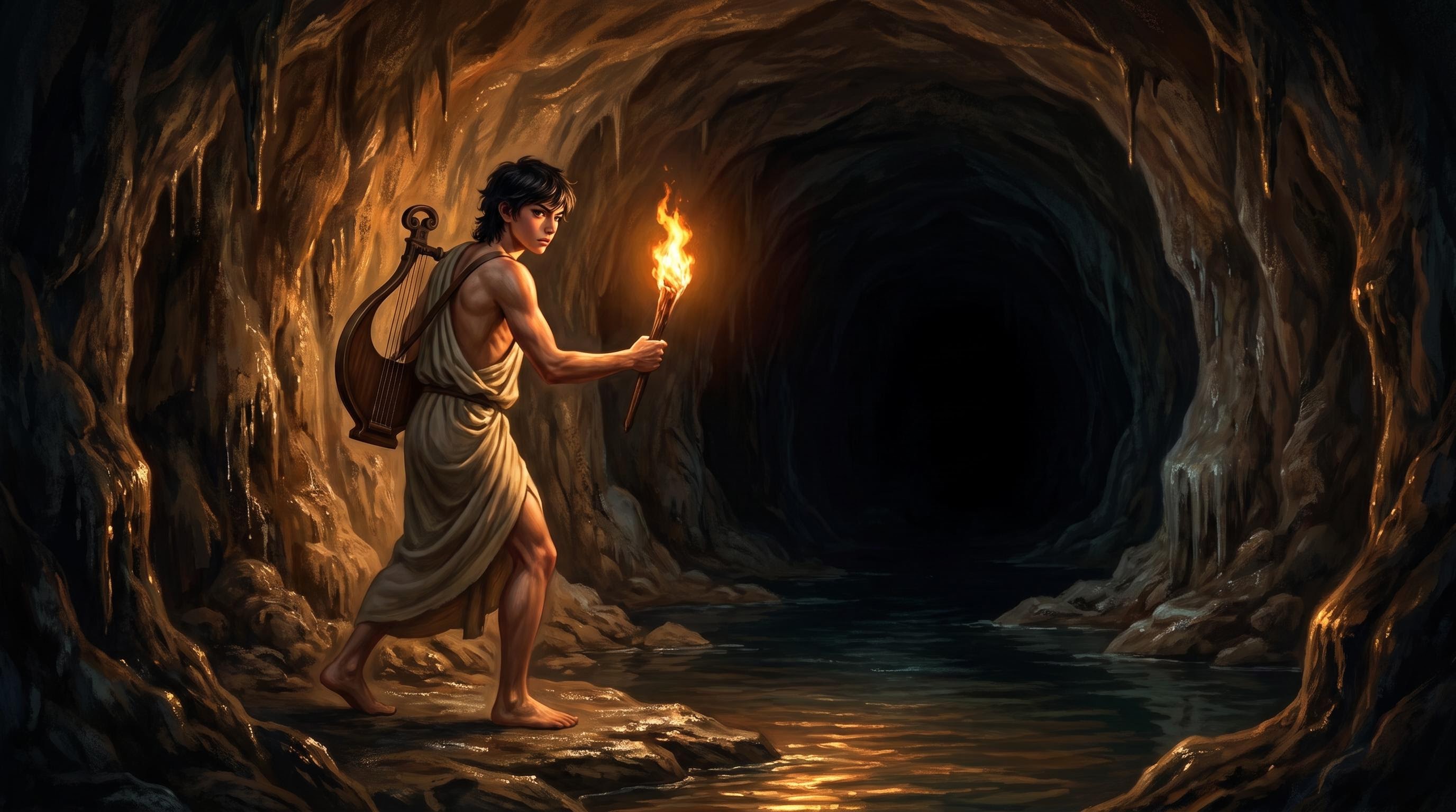 Orpheus descending into a dark cave carrying a torch