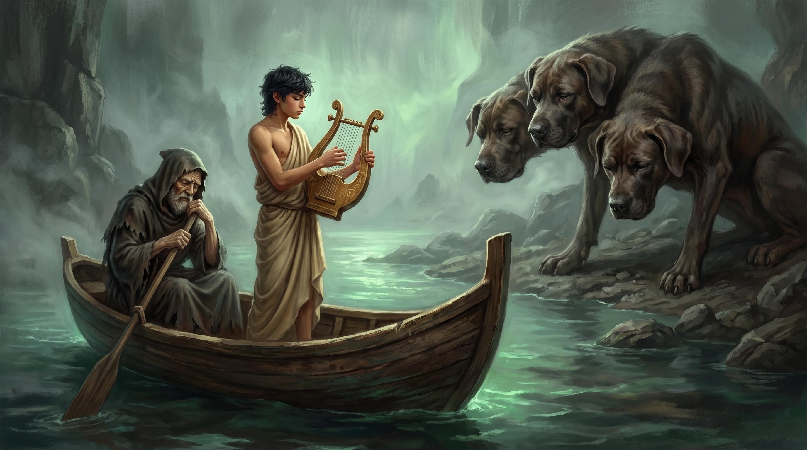 Orpheus playing his lyre in a boat while Charon and Cerberus listen