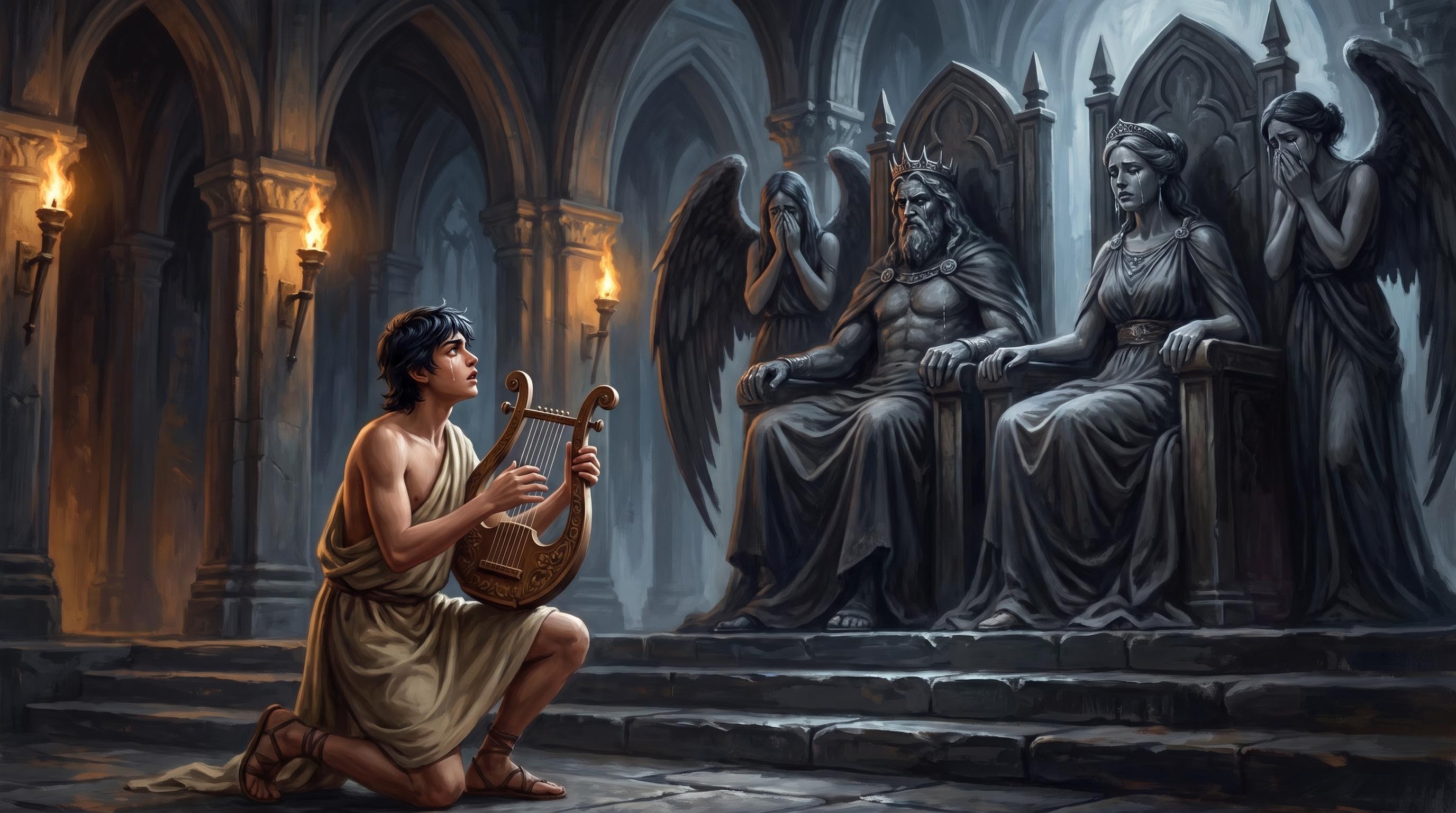 Orpheus playing before the thrones of Hades and Persephone, the Furies weeping