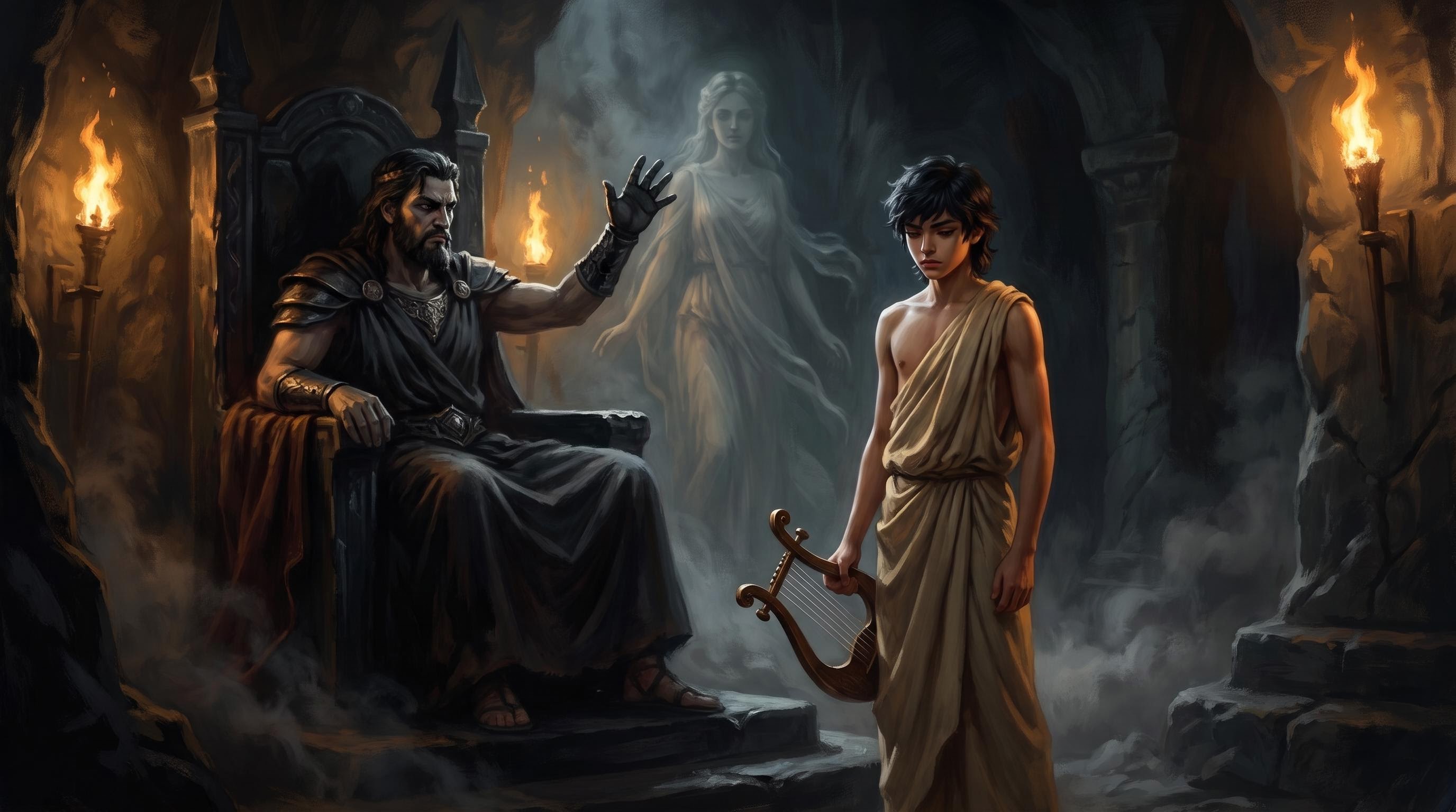 Hades laying down the condition of the bargain, Eurydice's ghost waiting behind