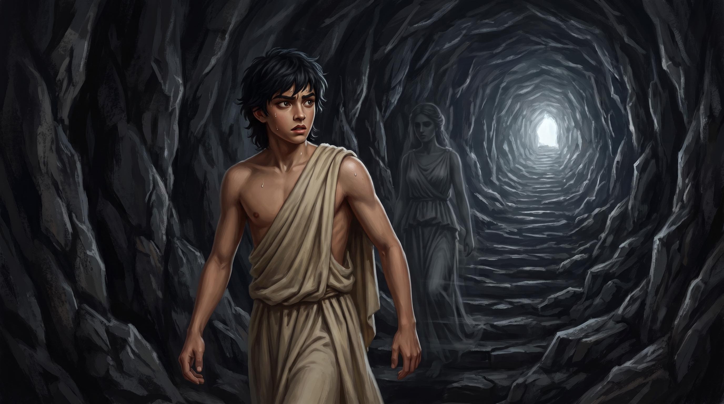 Orpheus climbing toward daylight with Eurydice's shadow following