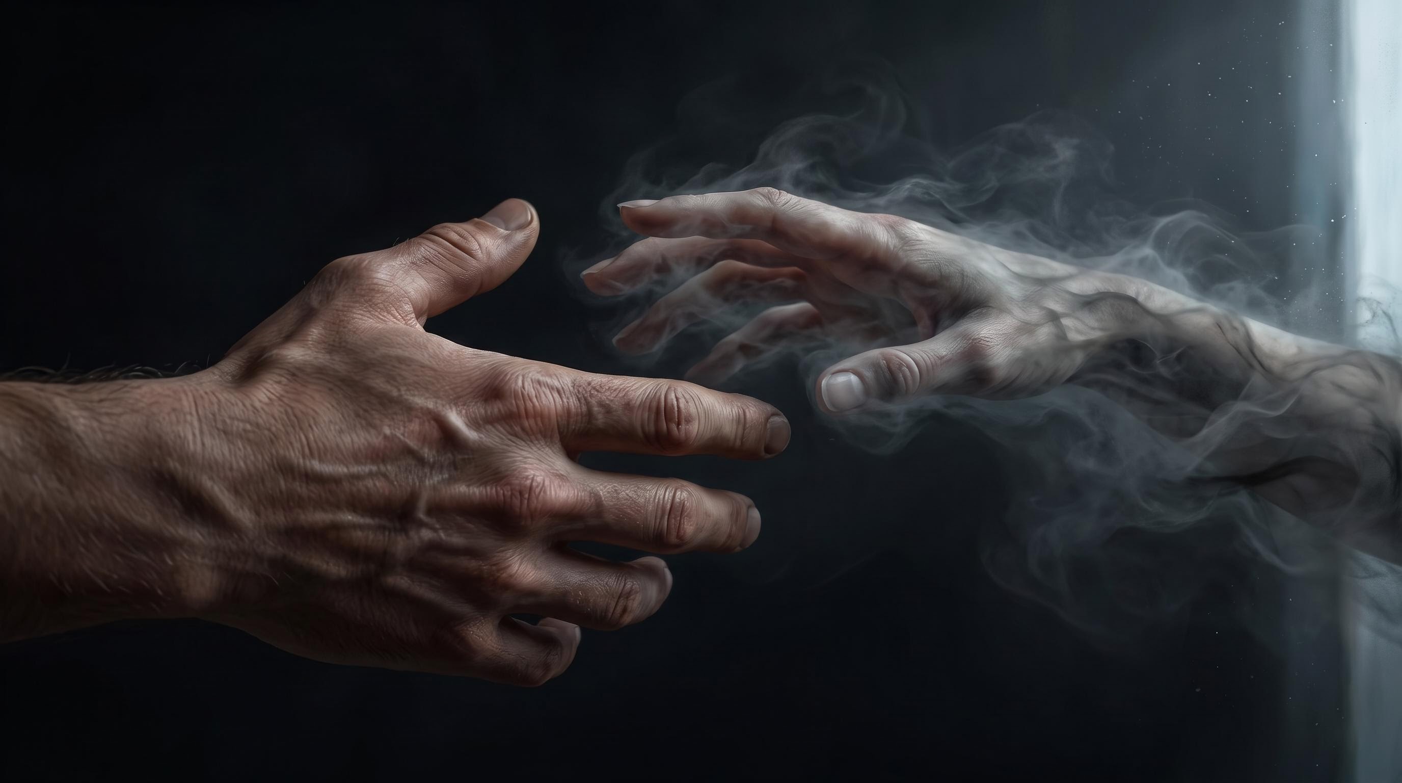 Extreme close-up of hands reaching, one fading into mist
