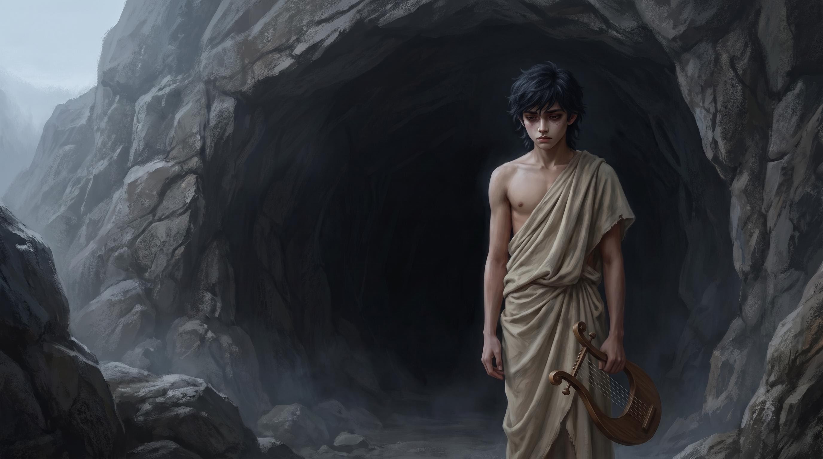 Orpheus alone at the mouth of the cave at dawn, holding his silent lyre