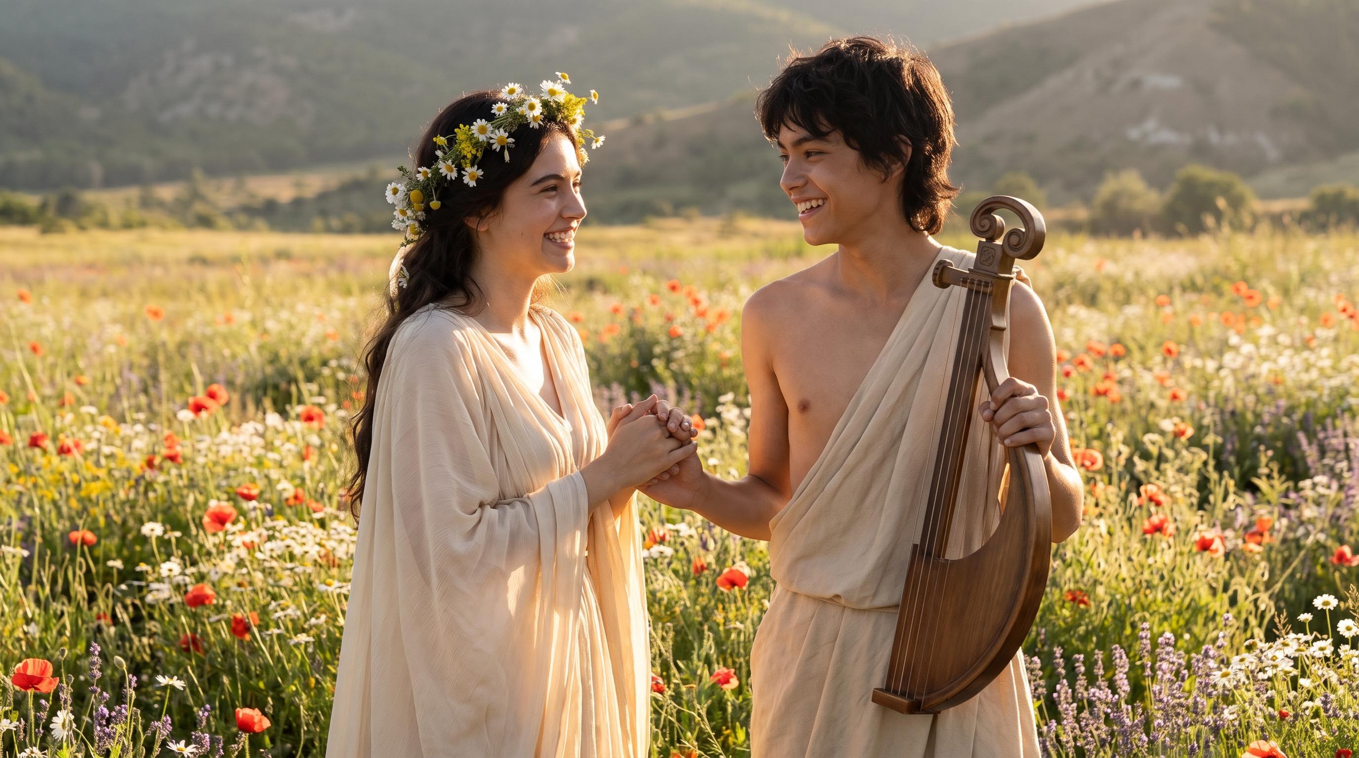 Orpheus and Eurydice on their wedding day in a field of wildflowers