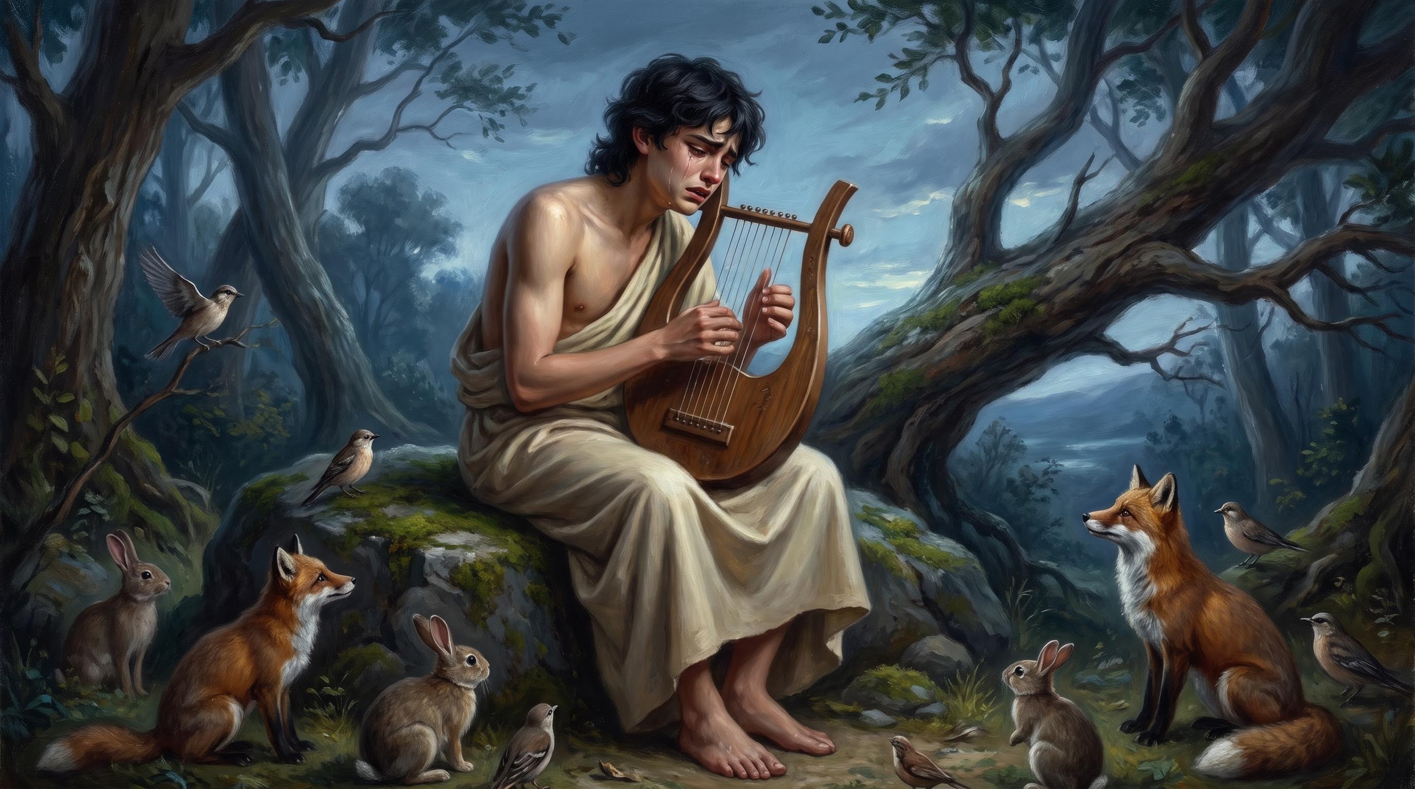 Orpheus playing his lyre in grief, animals and birds gathering to listen