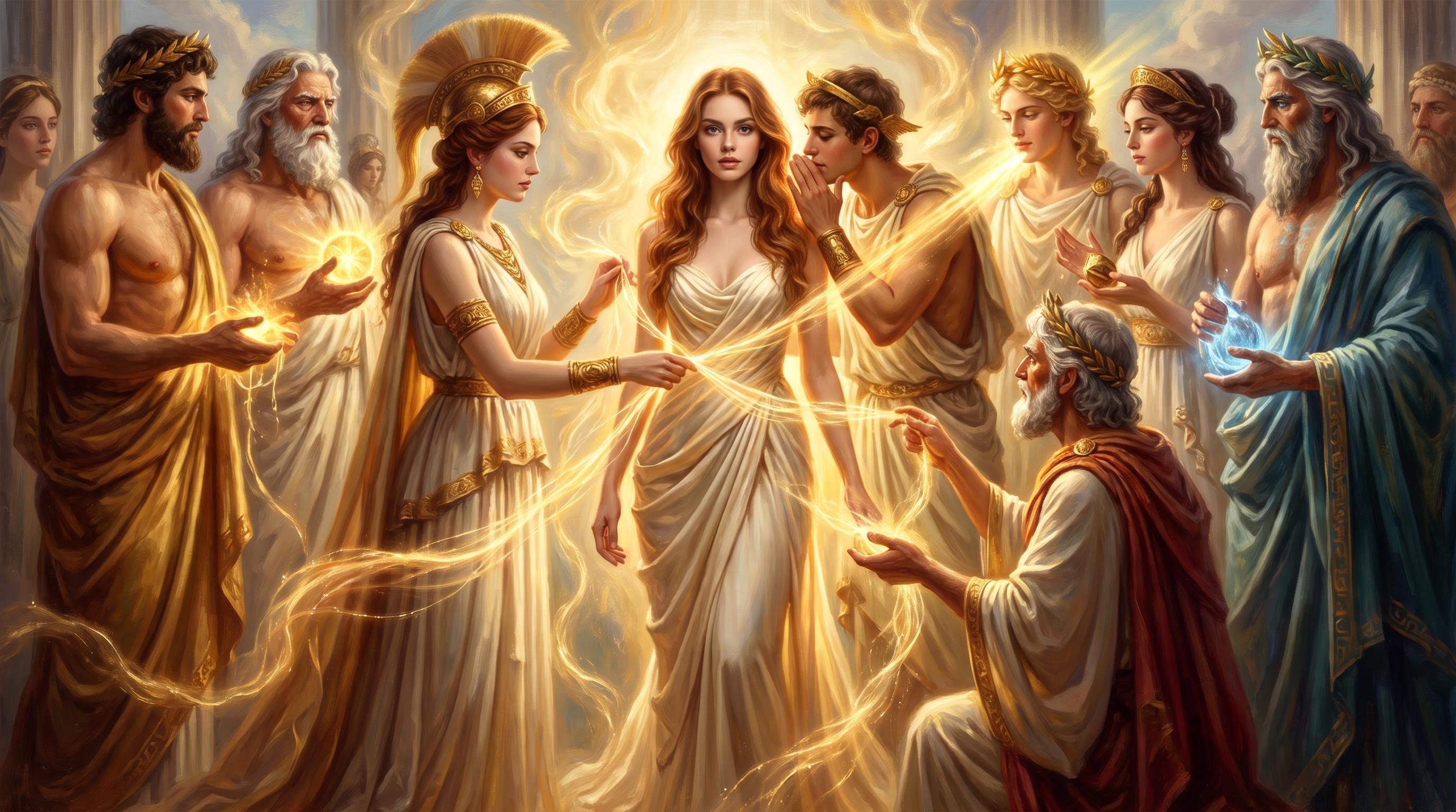 Pandora receiving gifts from a circle of Olympian gods