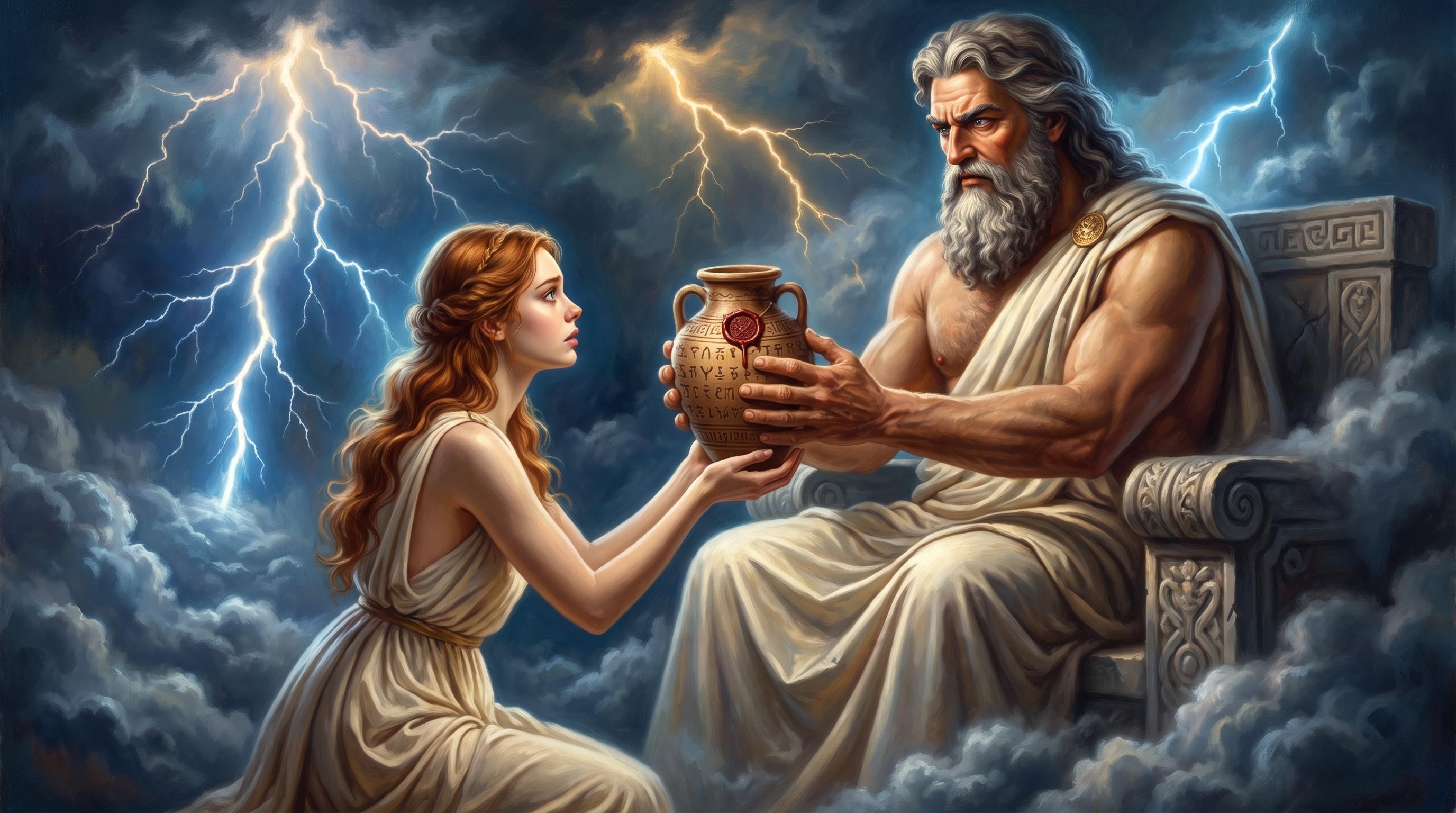 Zeus handing Pandora the sealed jar with a stern warning