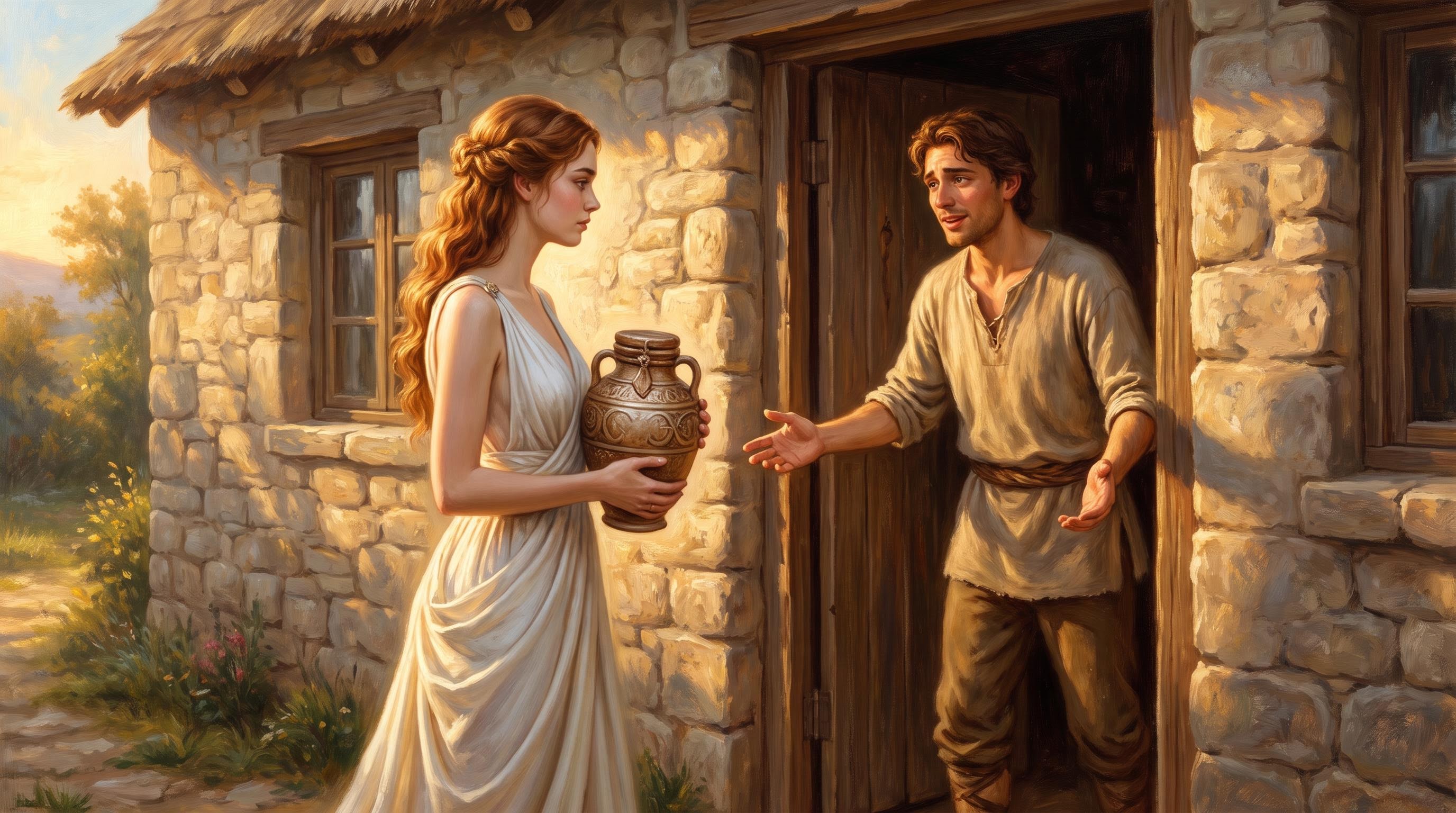 Pandora arriving with the jar, welcomed by Epimetheus