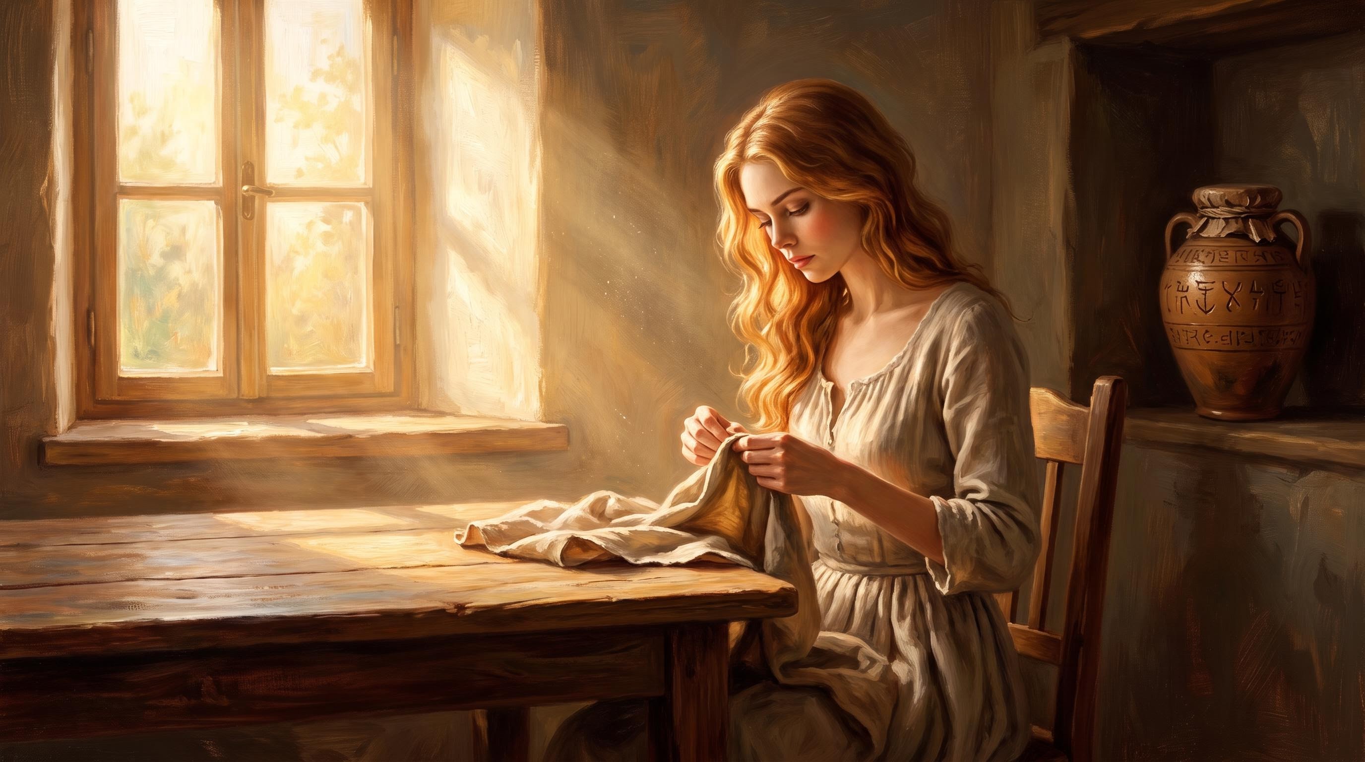 Pandora in quiet domestic life, the jar always visible in the corner