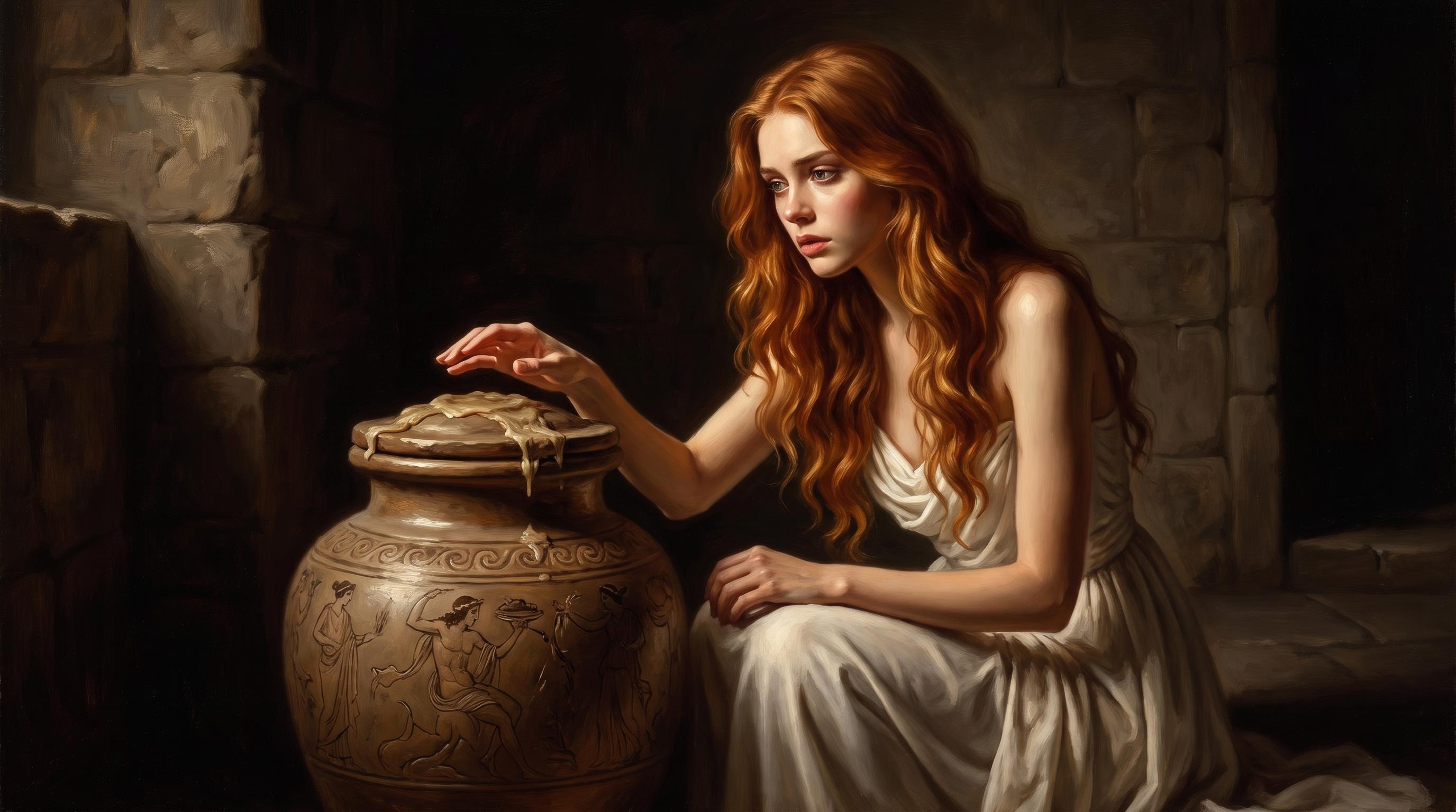 Pandora alone with the jar, hand hovering above the lid