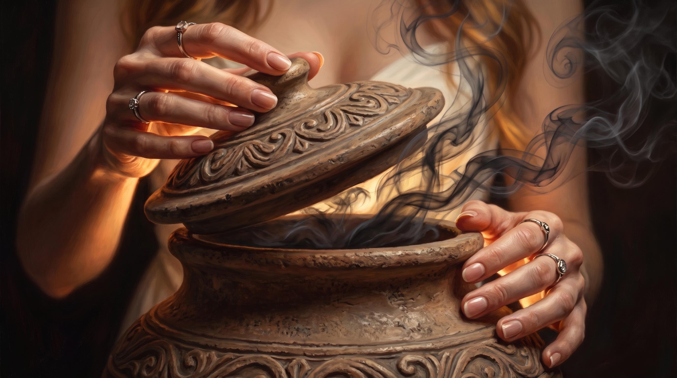 Extreme close-up of hands lifting the jar's lid as smoke begins to escape