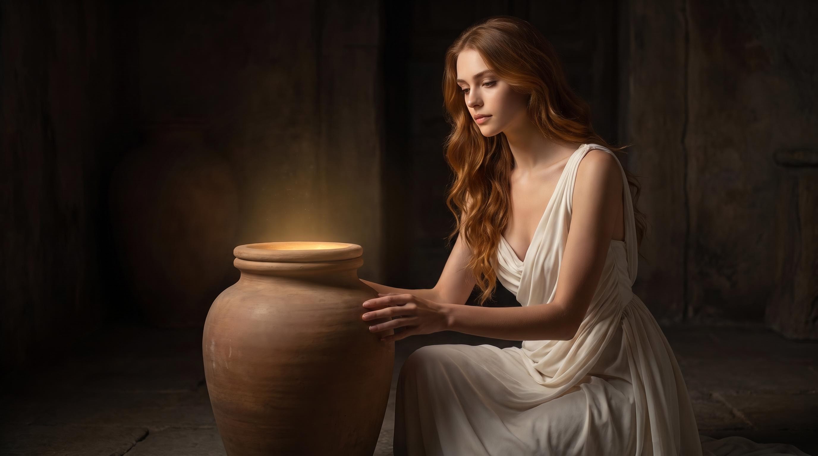 Pandora kneeling beside the closed jar, a warm glow inside