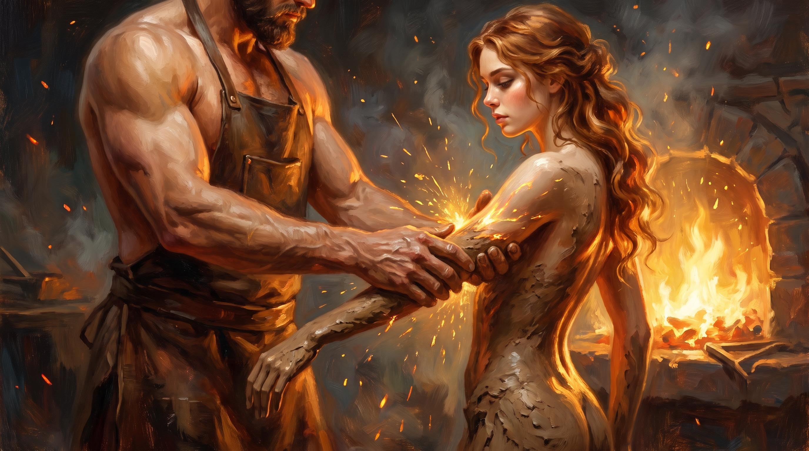 Hephaestus shaping Pandora from clay and fire at his forge