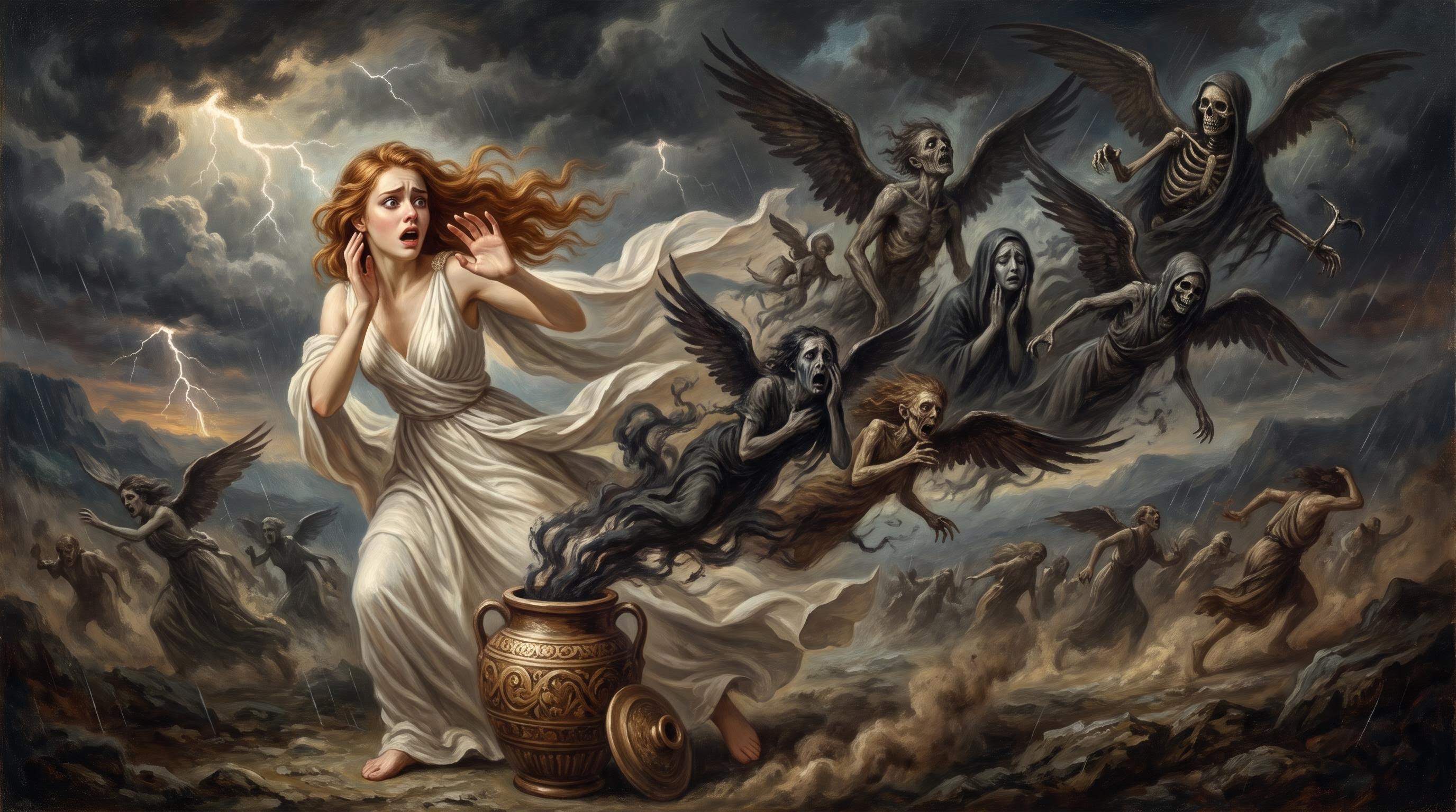 Dark winged shapes swarming out of the jar as Pandora recoils