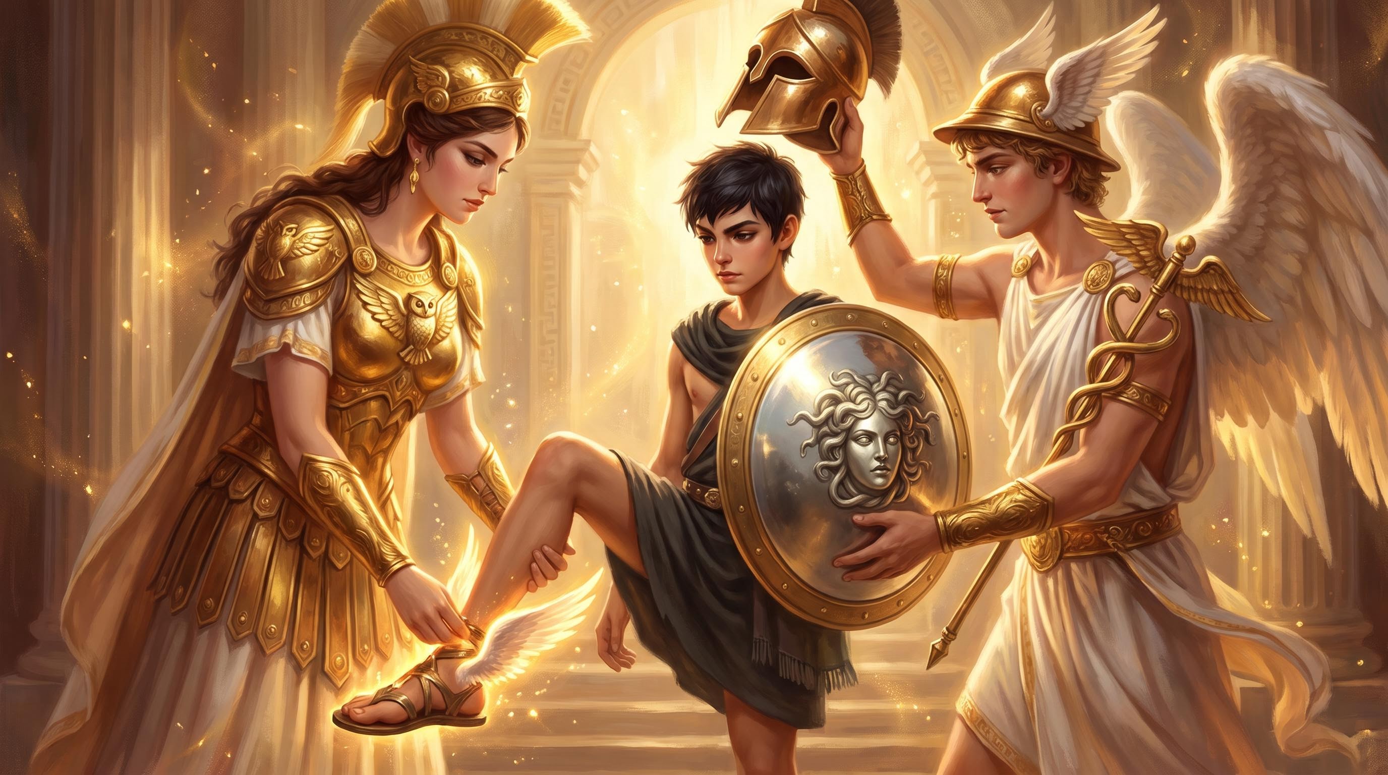 Athena and Hermes equipping Perseus with winged sandals, a mirror shield, and a helm