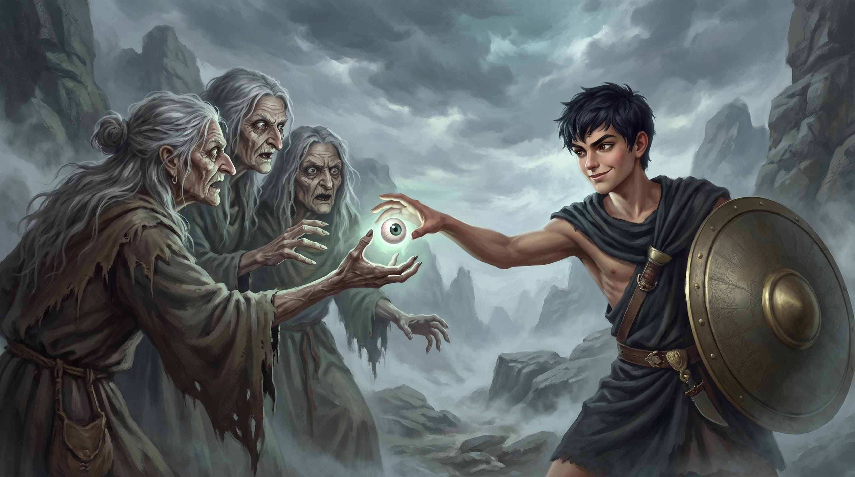 Perseus stealing the shared eye of the three Graeae sisters