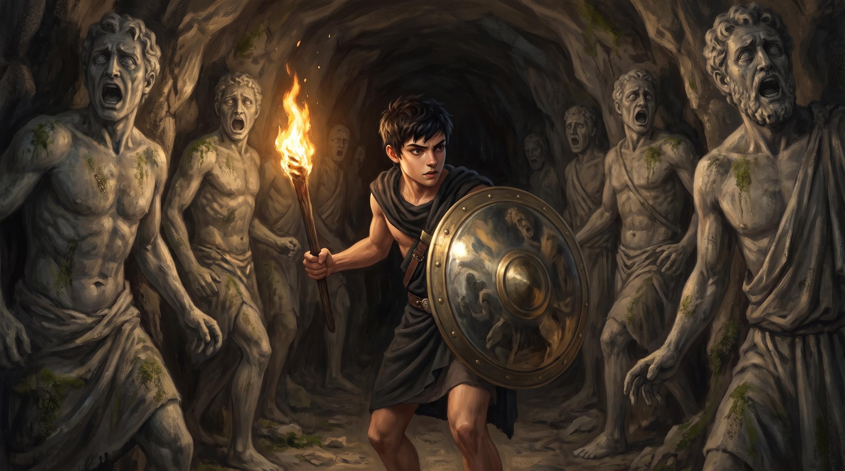 Perseus creeping through a cave lined with stone statues of past victims