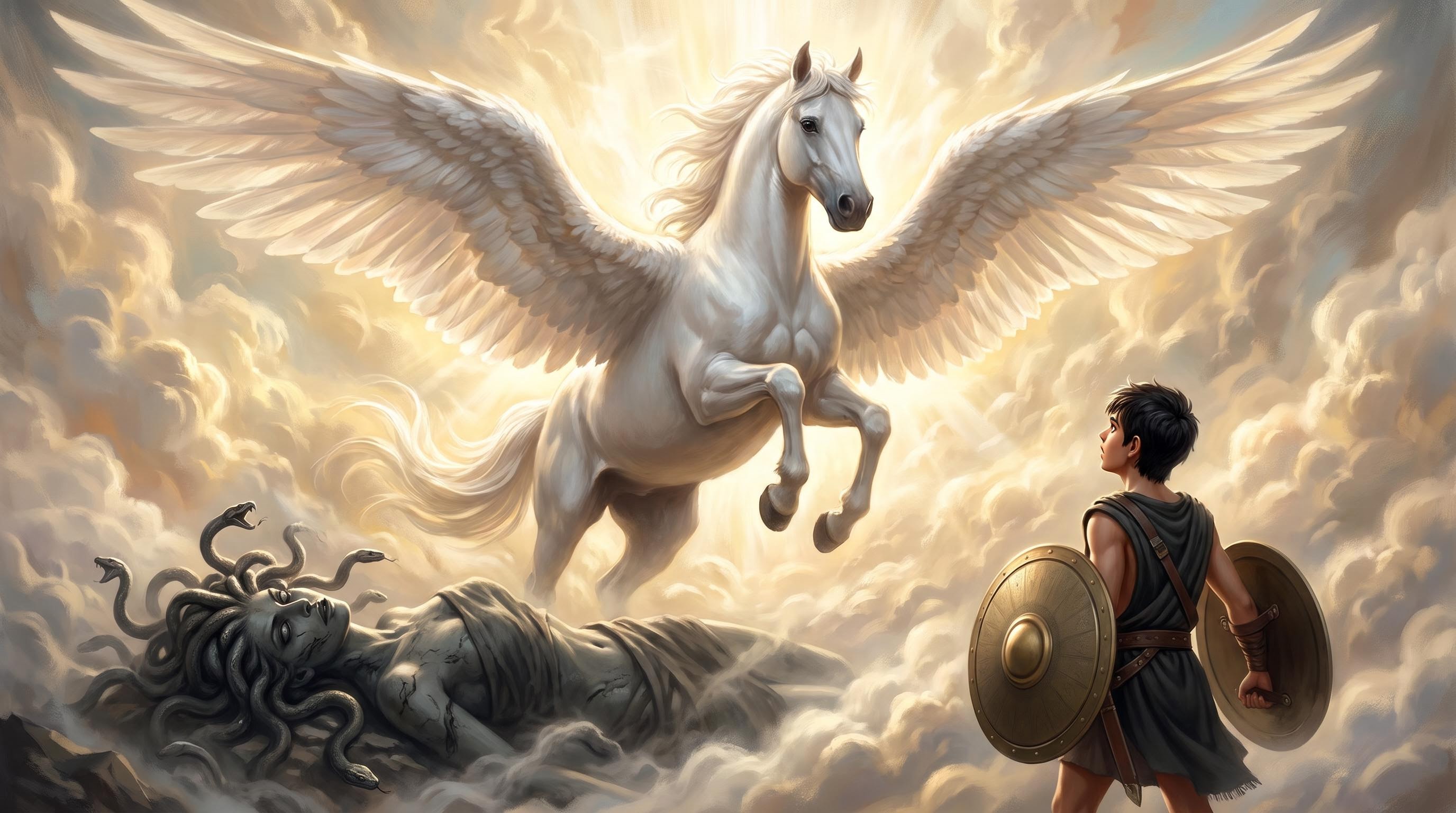 Pegasus the winged horse bursting from Medusa's remains
