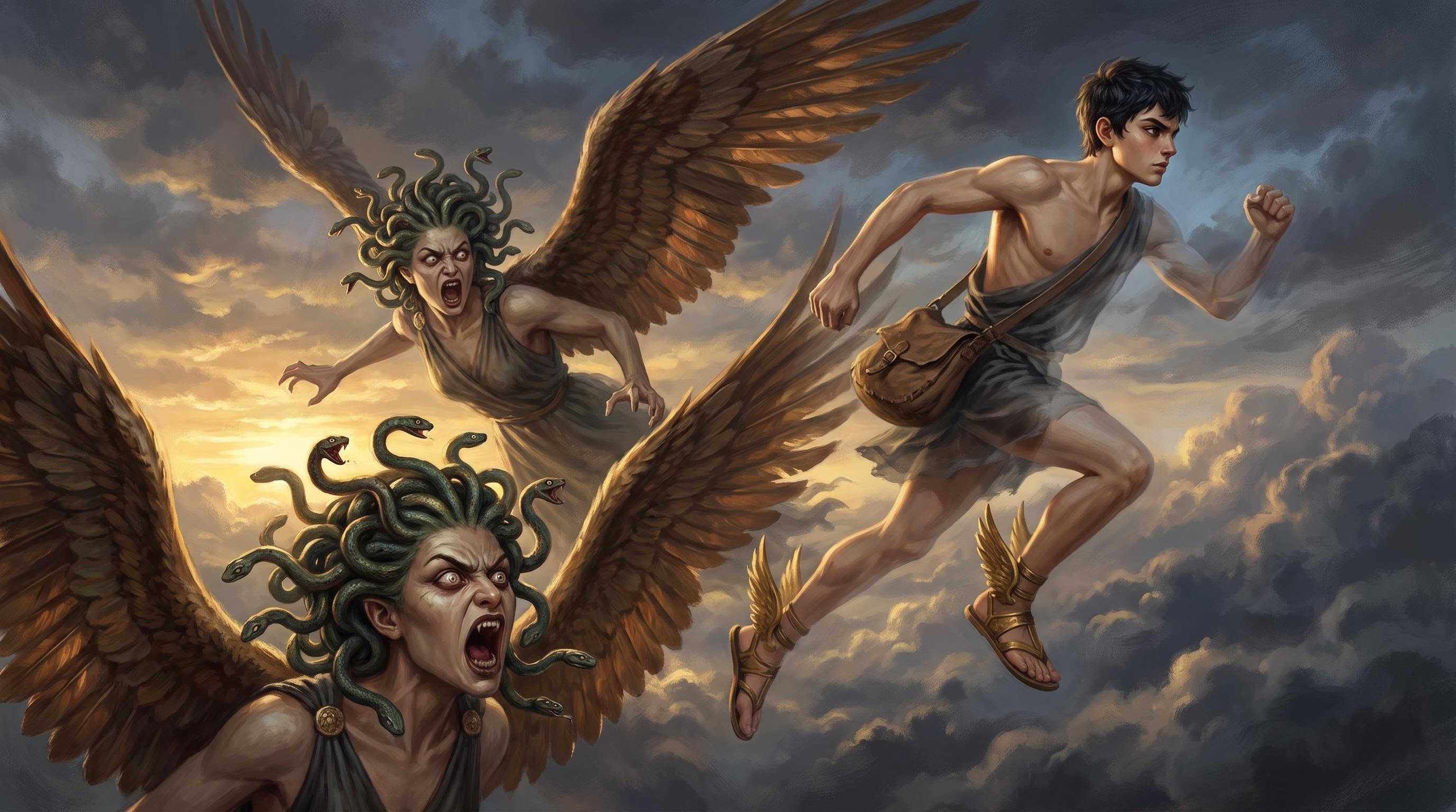 Perseus fleeing invisible from the two immortal gorgon sisters