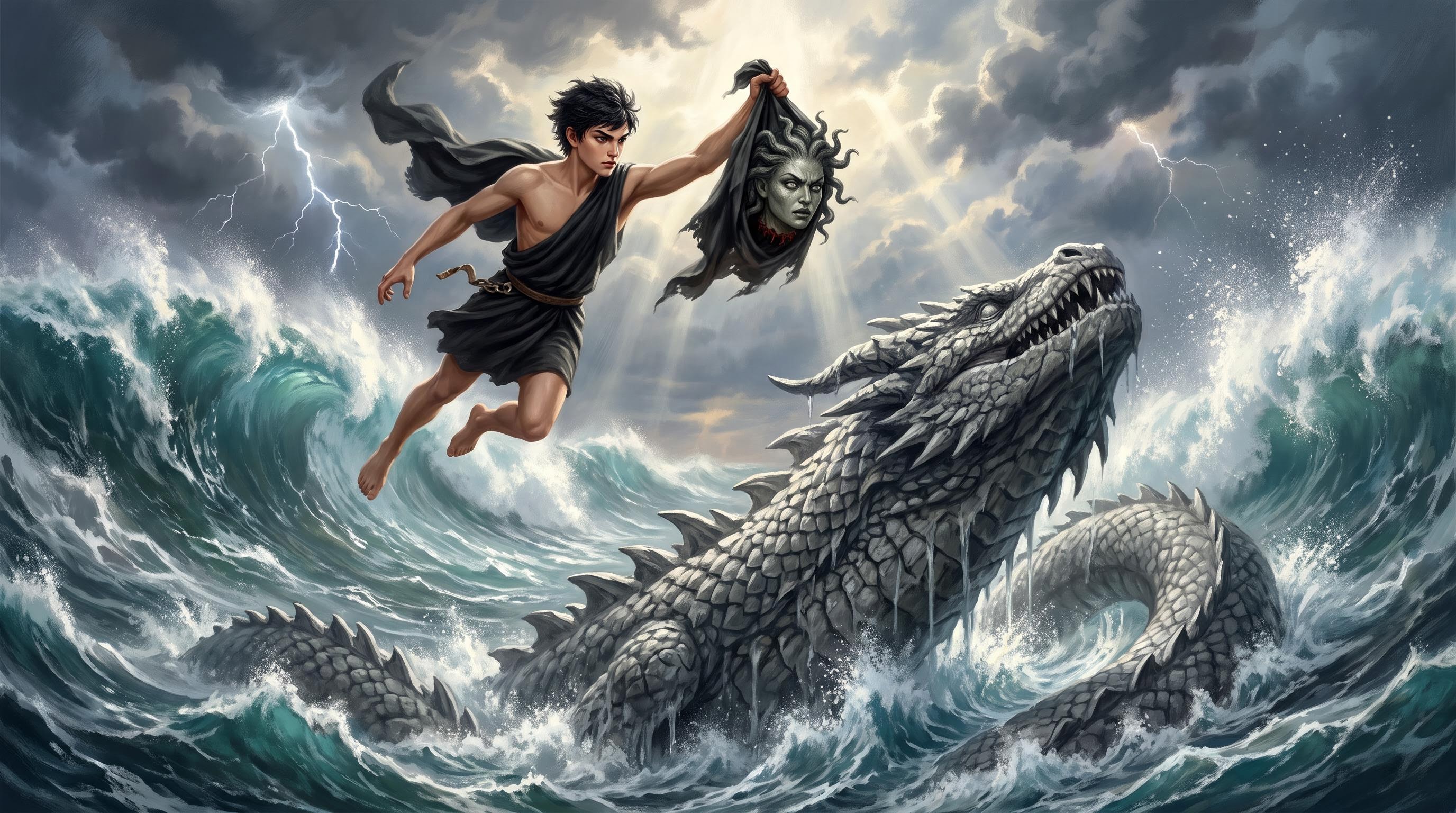 Perseus turning a sea monster to stone with Medusa's head