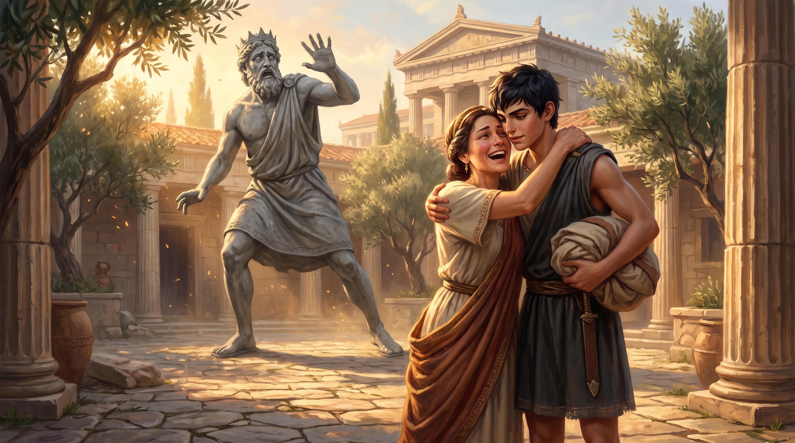 Perseus reunited with his mother, the king turned to stone in the background