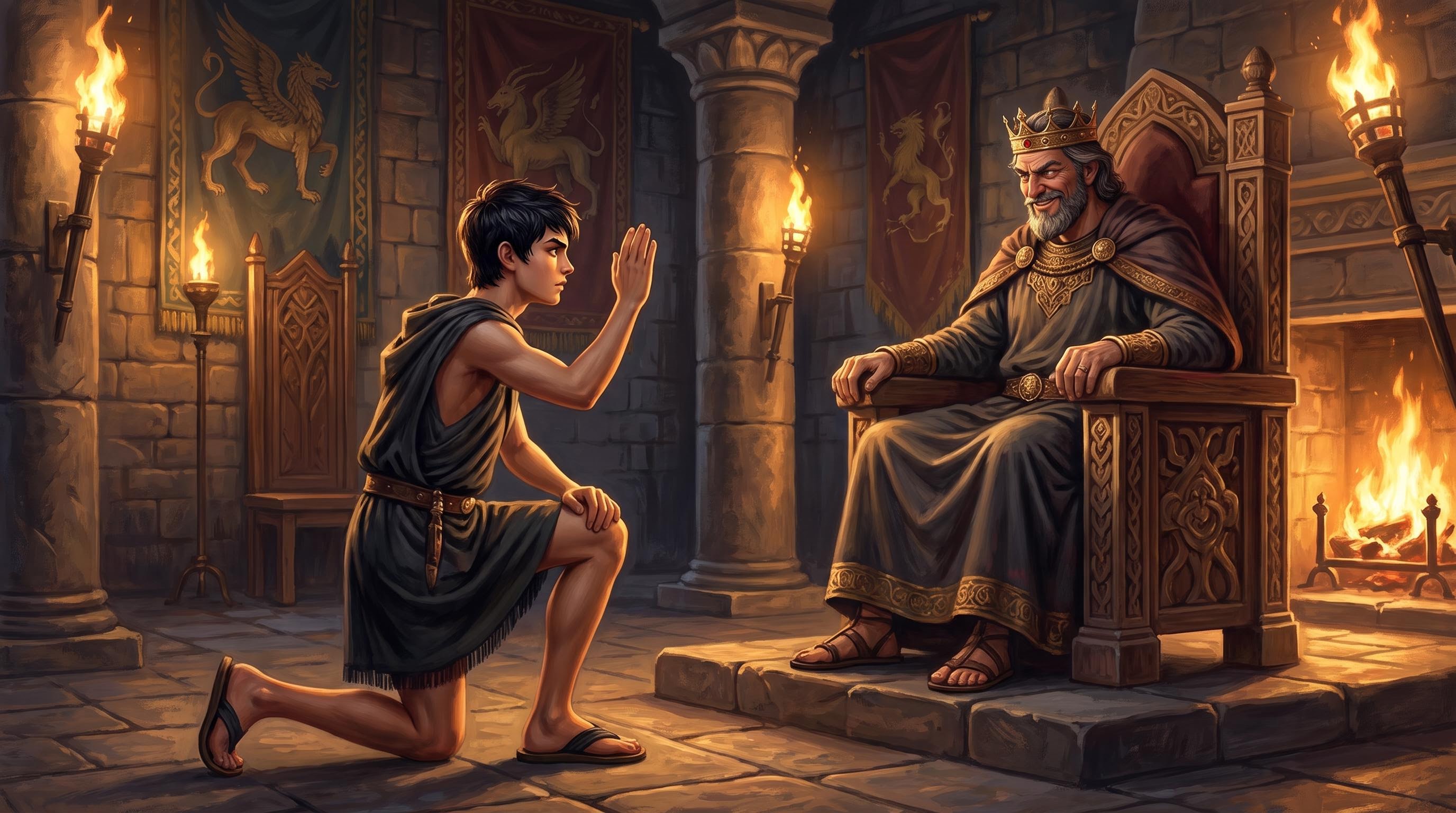 Perseus kneeling before a scheming king, making a vow