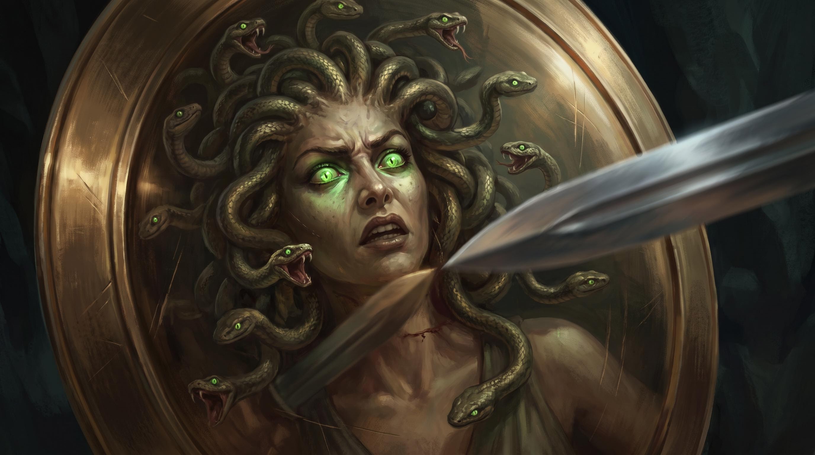 Extreme close-up of Medusa's face reflected in the mirror shield as the sword strikes