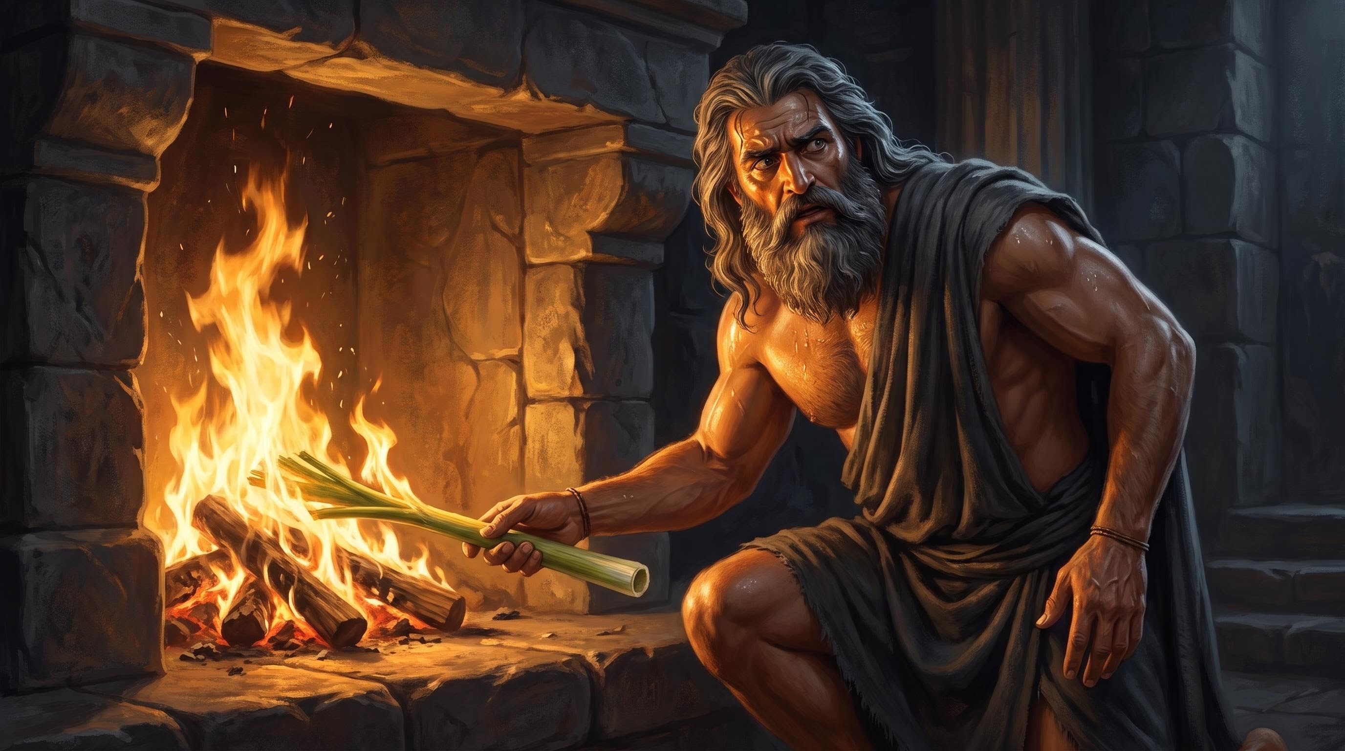Prometheus lighting a fennel stalk from the divine hearth fire