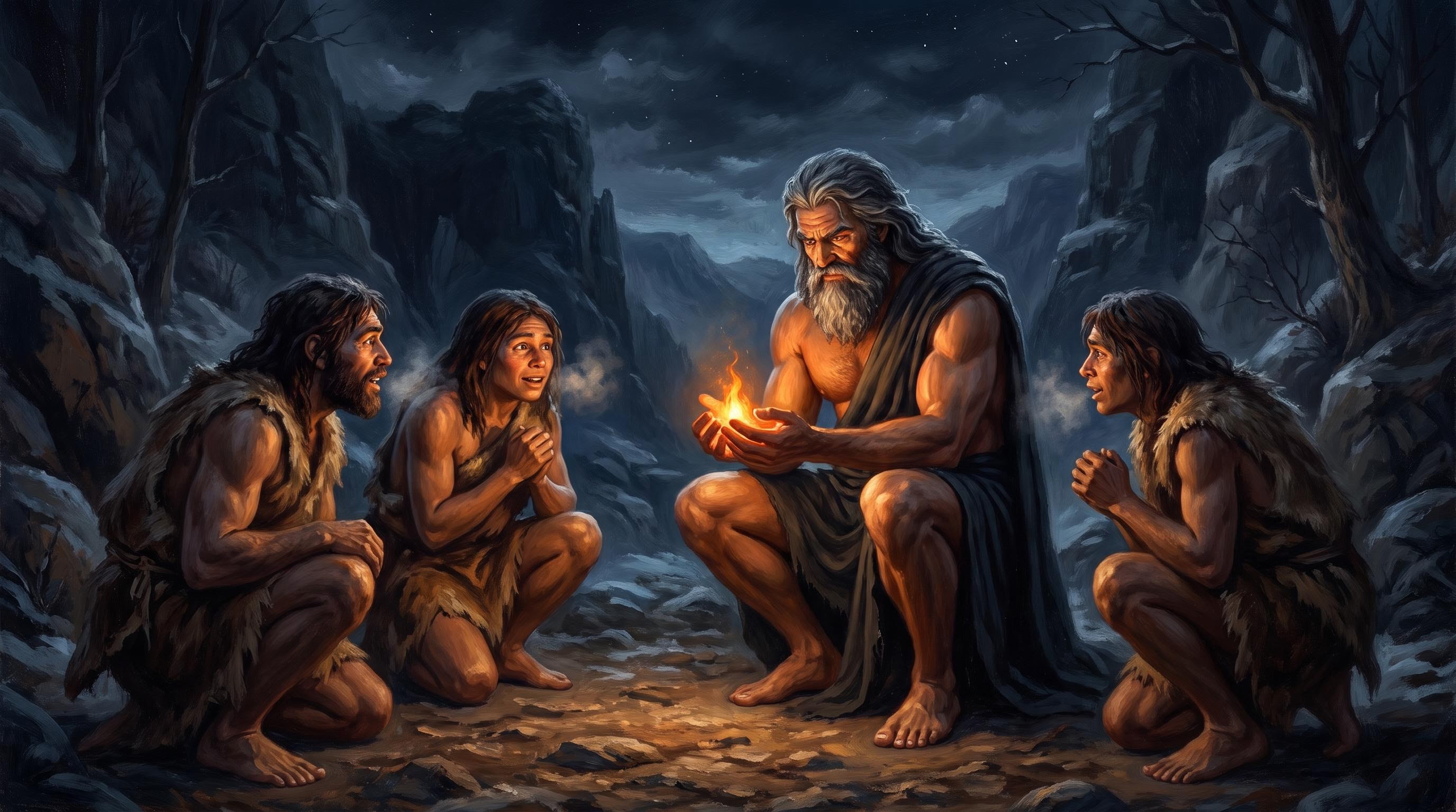 Prometheus handing a glowing ember to early humans in a dark valley