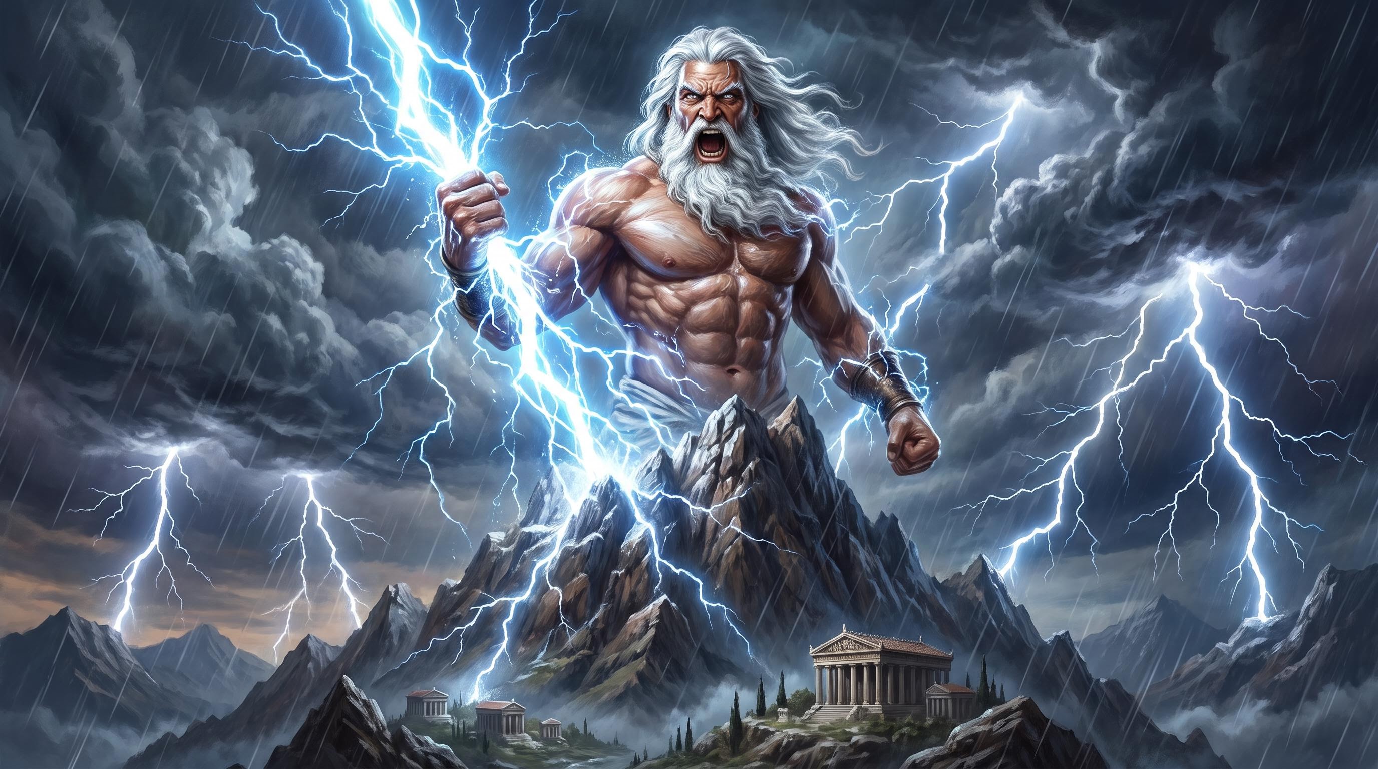 Zeus roaring in fury atop Mount Olympus in a lightning storm